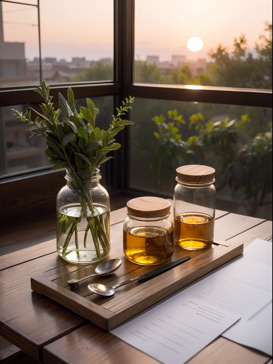 flat drawing,Top angle of view,Close-up Shot Shot,Wooden table top,Arrange medical tools and utensils,Layered, Sunset lighting,A medicine jar containing medicinal herbs,clean color,