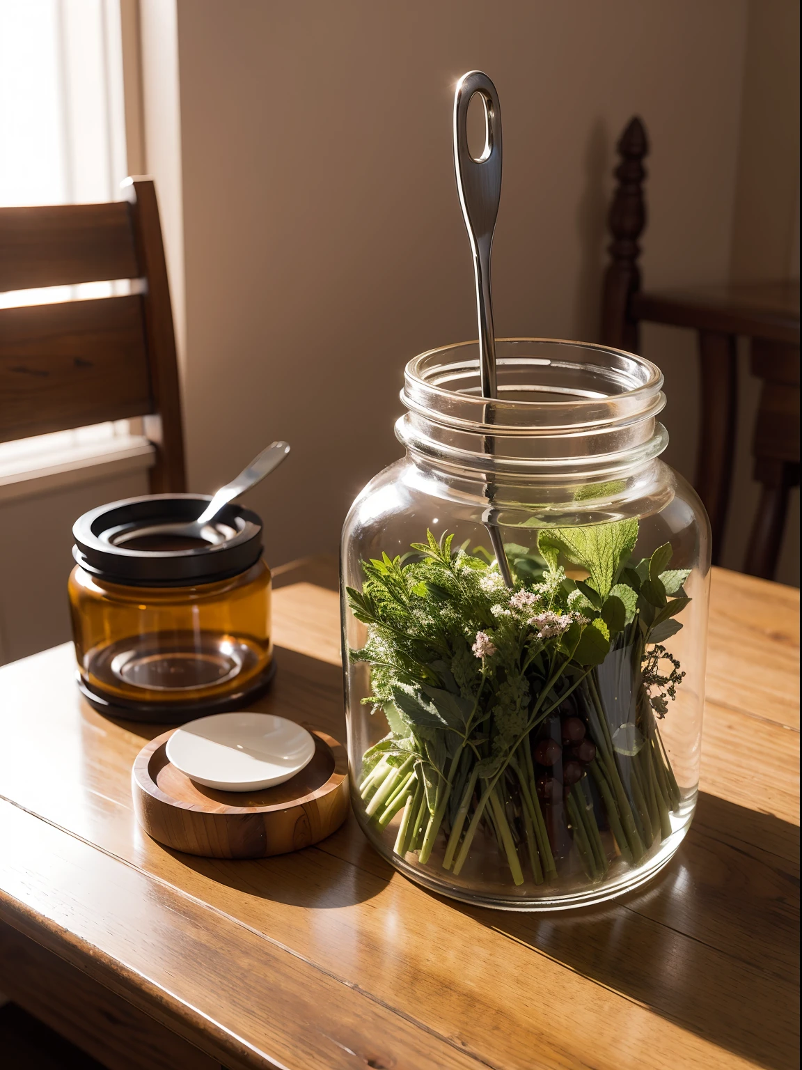 flat drawing,Top angle of view,Close-up Shot Shot,Wooden table top,Arrange medical tools and utensils,Layered, Sunset lighting,A medicine jar containing medicinal herbs,clean color,