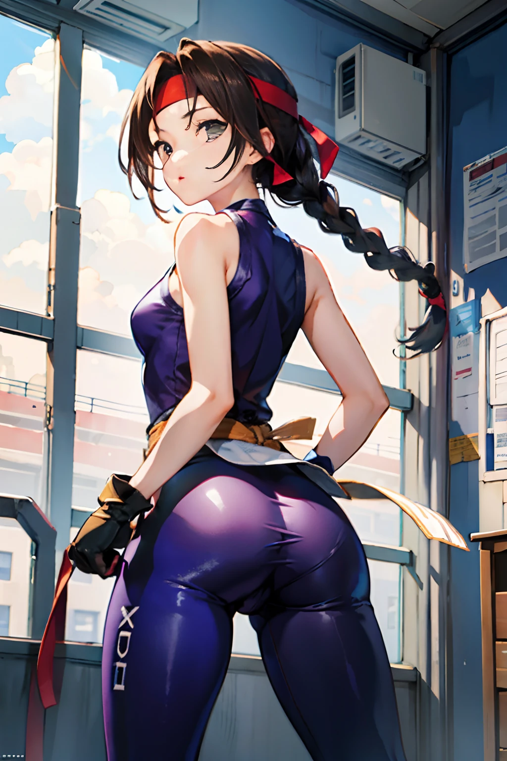 (masterpiece, best quality, high resolution, unity 8k wallpaper, extremely detailed CG:1), (illustration:1.0), 1girl,solo, yurims, headband, dougi, spandex, gloves,butt to camera