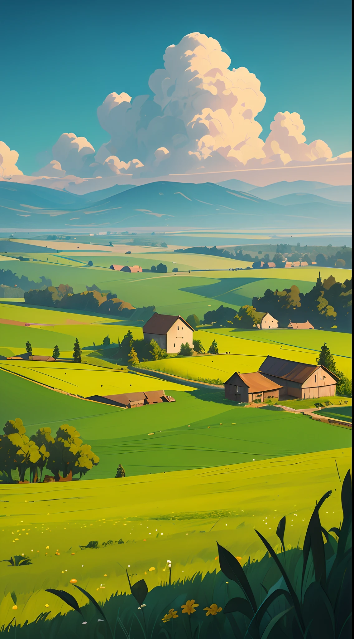 Idyllic farm，In the distance are endless fields，Uncultivated fertile land，Fields where crops are grown，Game art, game assets, game background，very stylized，European and American cartoon style，High quality game illustrations