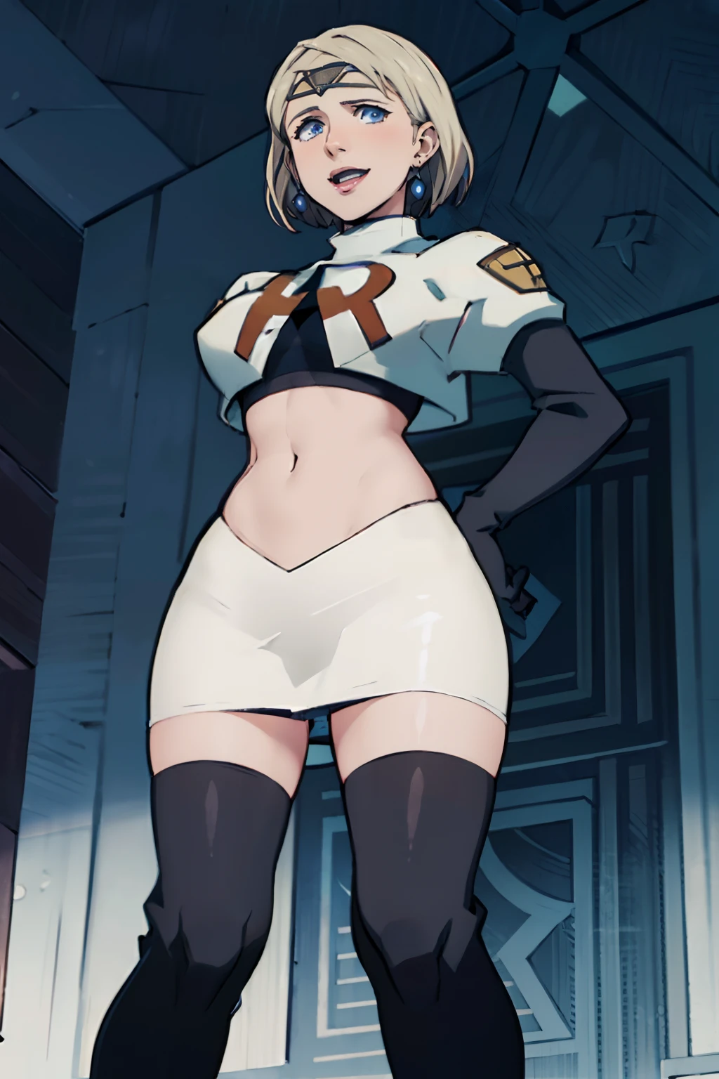 Mercedes von Martritz (Fire Emblem: Three Houses), warMercedes, 1girl, team rocket,team rocket uniform, red letter R, white skirt,white crop top,black thigh-highs,black elbow gloves, looking down on you, evil laugh, hands on hips, looking at viewer, short hair
