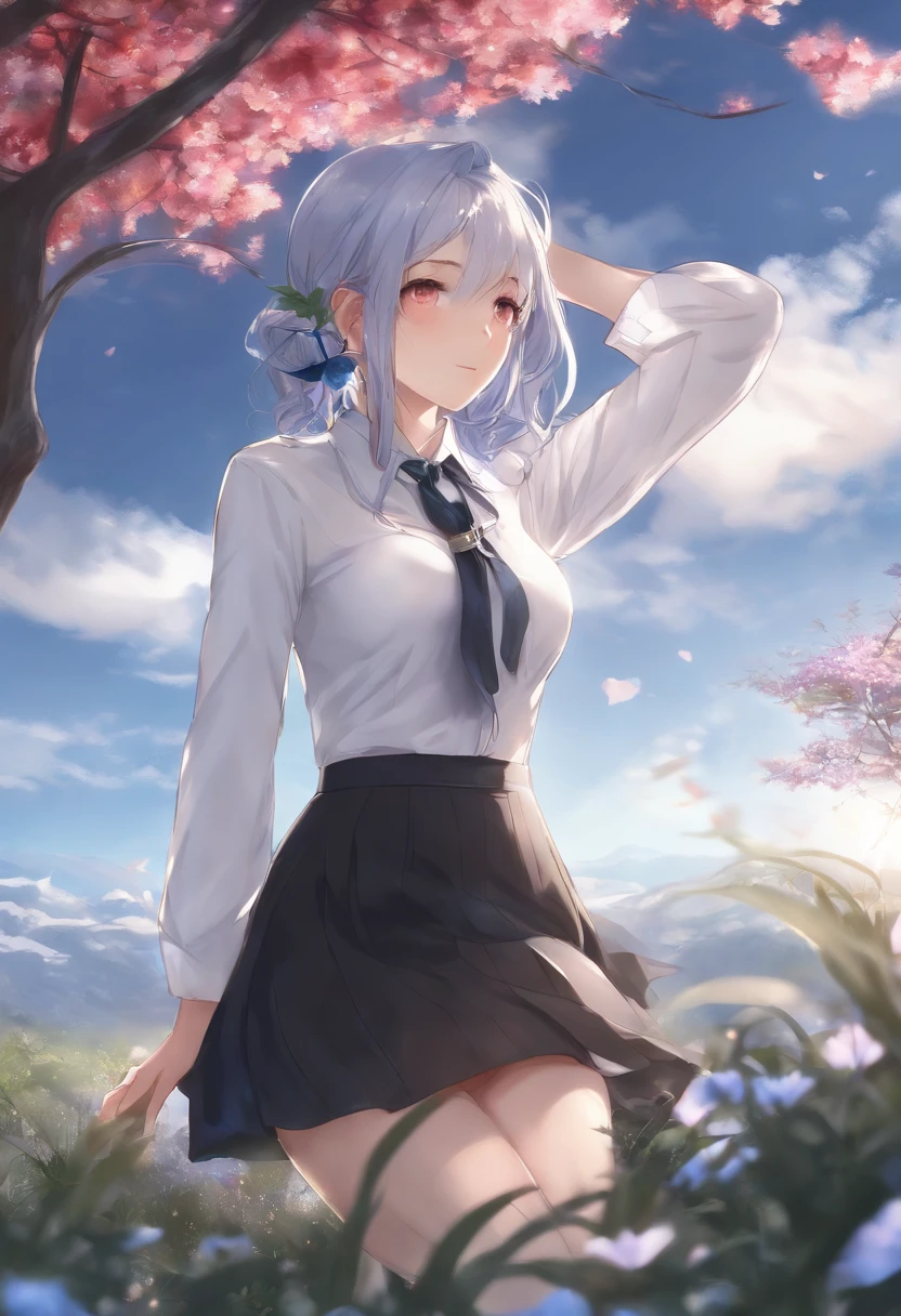 Best quality, Masterpiece,, illustration, the wallpaper,1girll, Solo, school uniform, White shirt, Black skirt, light colors hair, semi long hair, Beautiful detailed girl, Extremely detailed eyes and face, Beautiful detailed eyes, Shy, Natural_lighting, Glow,NSFW, Clean sky, view the viewer, Outdoors, Night sky, Star (sky), Loafer shoes, Black pantyhose, blue bowtie, Straight hair, Purple petals, Purple and blue flowers, Red pupil, pony tails, Blue ribbon,White hair, Thick_Thighs, Large breasts, Red eyes,