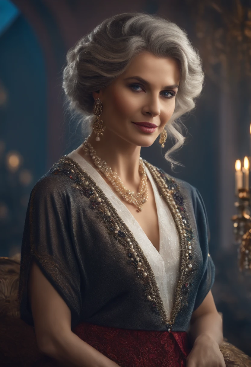 8K，high detal，Extremely beautiful and beautiful，looking toward the viewer，An eldest lady，Grimacing，greyt hair，jewelery，Pearl-embellished cropped cardigan