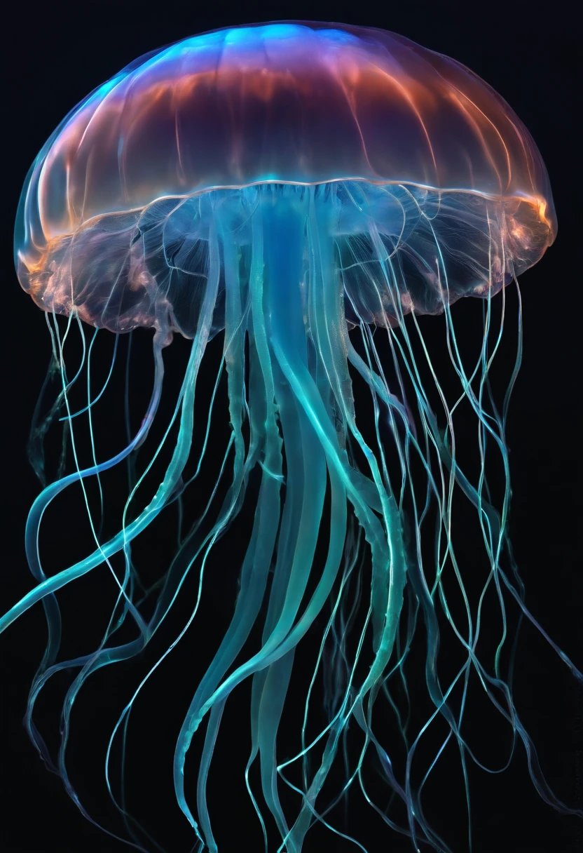 There are jellyfish floating, Medusa cyberpunk, neon jellyfish, jelly fish, Translucent bright jellyfish, Bright jellyfish, bioluminescent jellyfish, Jellyfish dance, jelly fish, jelly fish, transparent jellyfish, space jellyfish, Elements of jellyfish, jellyfish elements, jellyfish fractal, Gelatin glows,