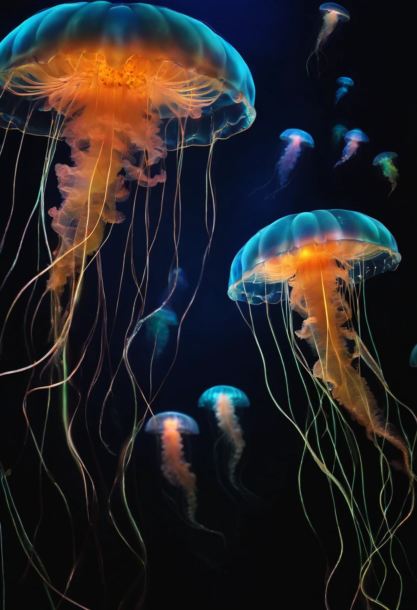 There are jellyfish floating, Medusa cyberpunk, neon jellyfish, jelly fish, Translucent bright jellyfish, Bright jellyfish, bioluminescent jellyfish, Jellyfish dance, jelly fish, jelly fish, transparent jellyfish, space jellyfish, Elements of jellyfish, jellyfish elements, jellyfish fractal, Gelatin glows,