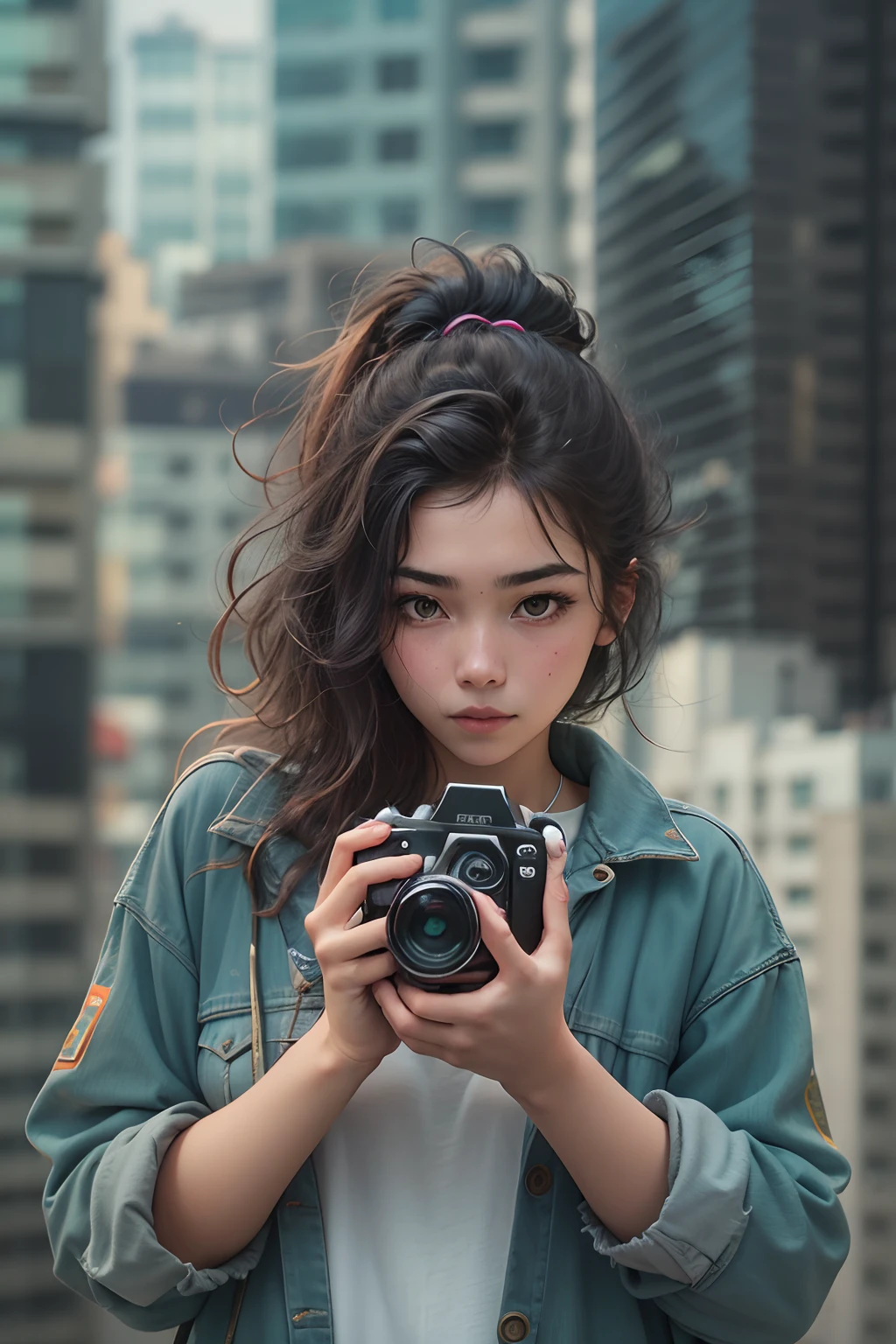 20-year-old girl, Hold the camera in both hands, Face the lens, High-rise buildings in the background.