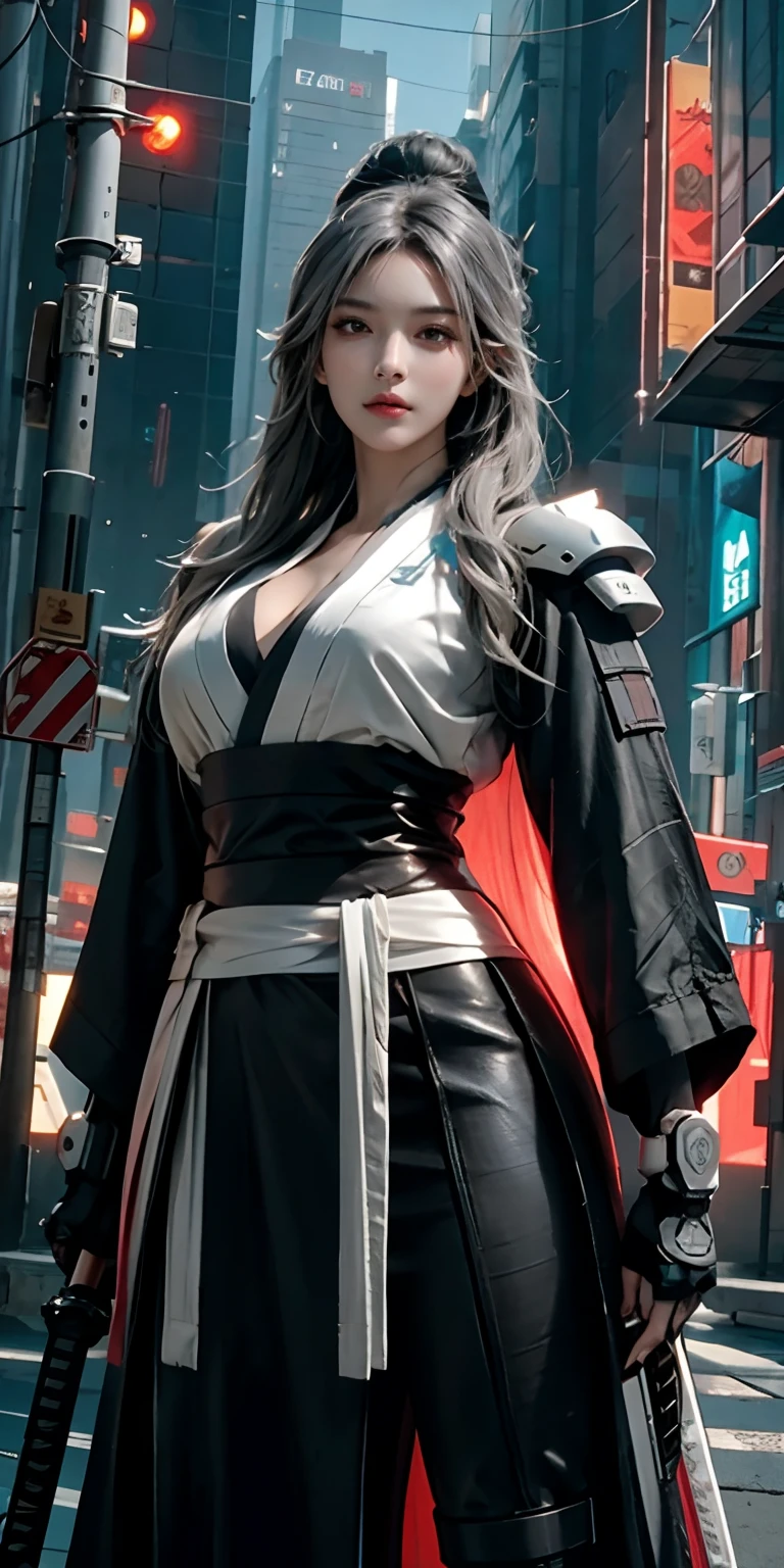 photorealistic, high resolution, soft light,1women, solo, hips up, (detailed face), grey long hair, cybersamurai, cyborg, cyberpunk,  cyber armor, holding weapon,glowing,on the street , kimono , sniper looking at the target, katana