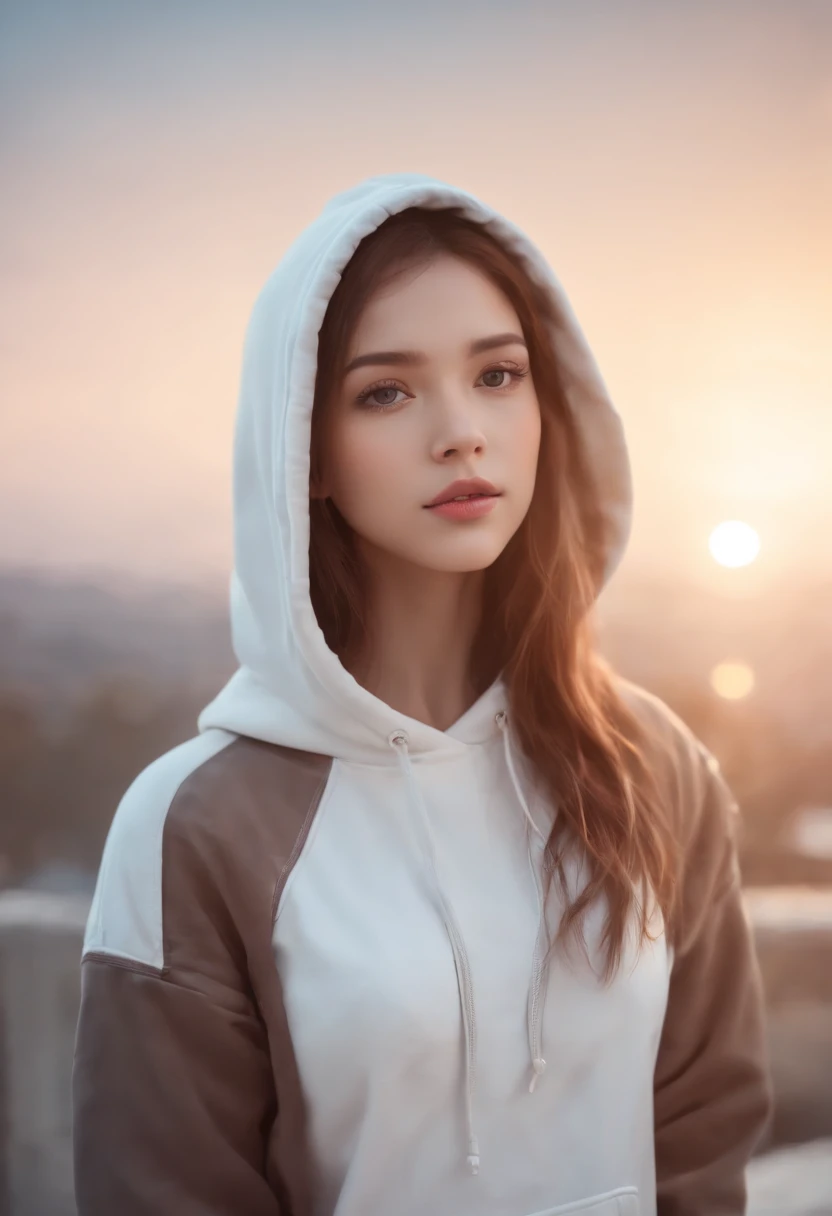 Top quality, Masterpiece, high resolution, 8K, Hoodie and anime style girl, One girl, detailed line art, Bright white and bright amber style, Digital enhancement, Close up,