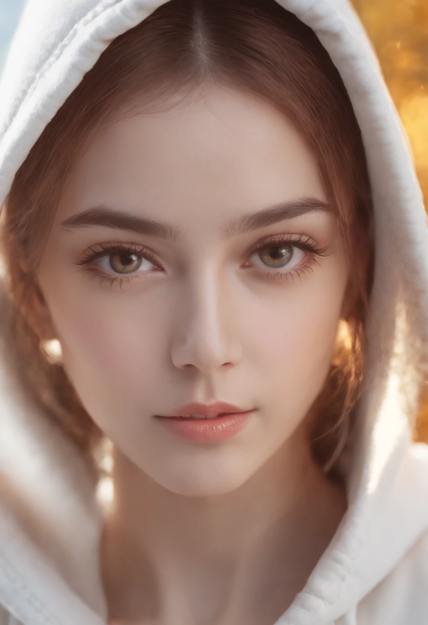 Top quality, Masterpiece, high resolution, 8K, Hoodie and anime style girl, One girl, detailed line art, Bright white and bright amber style, Digital enhancement, Close up,