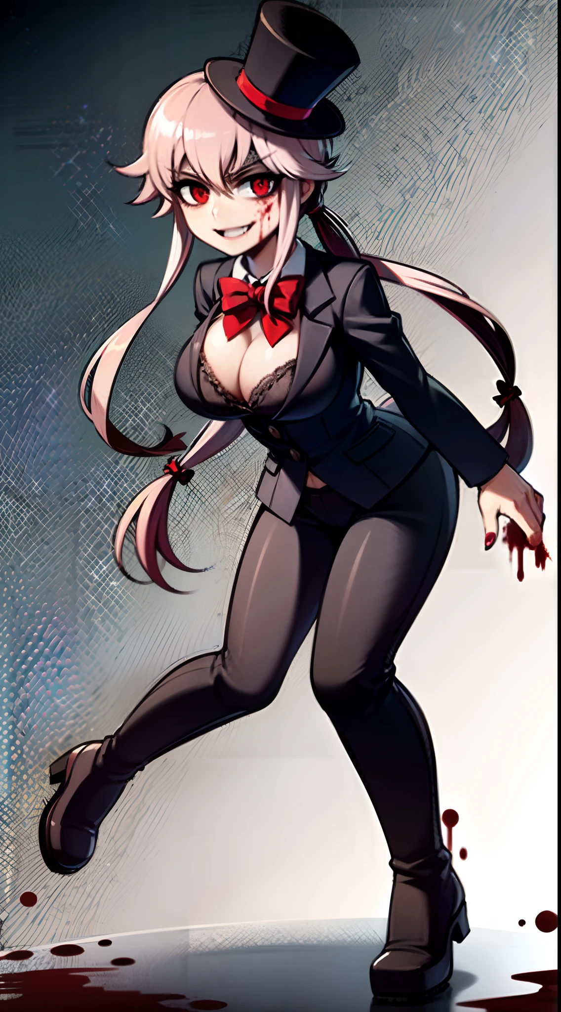 yuno gasai, long hair, pink hair, smile, low twintails, yuno gasai, (Black, Lilien Tailcoat Black Pure Rose:1.37), (large breasts:1.5), 1girl, red eyes, (night:1.1), (evil eyes:1.1), Ladies Lace Up Boots, blood, (black trousers:1.1), (out door:1.5), (top hat:1.5), (evil:1.5), jack the ripper, (blood on body:1.5), (evil eyes:1.4), 4k, 8k, killing, best quality, masterpiece