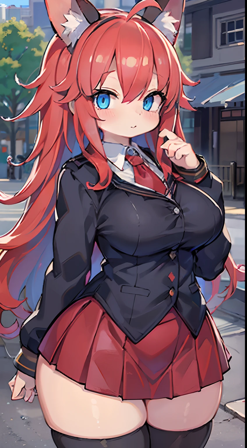 masterpiece, best quality, 1girl, long hair, looking at viewer, :3, cute, black school uniform, outdoors, streets, cowboy shot, big breasts, curvy, (((blue eyes))), rias gremory, red hair, antenna hair, wavy hair, ((beautiful detailed eyes, beautiful detailed shine, lots of shine)), anime screenshot