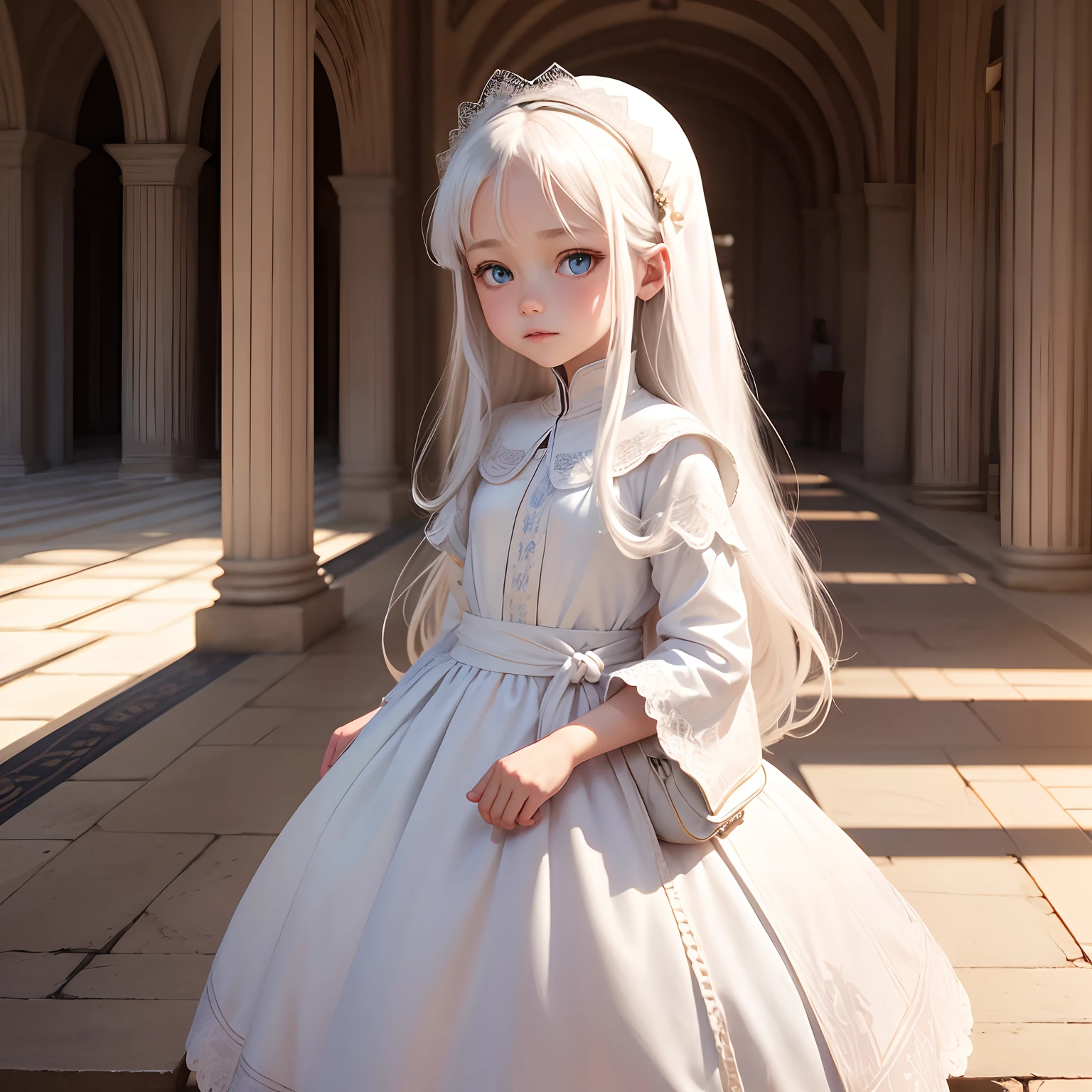 Bachground is Inside a palace, a beautiful girl name is May, 8-year-old girl with blue eyes, long white hair, wearing a white tunic, On the waist there is a small bag, Queuing up with other kids