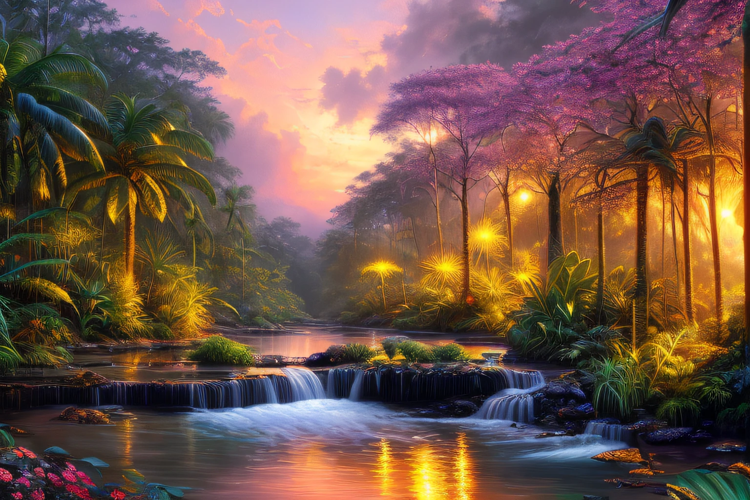 , Rainforest, eau,coucher du soleil,fleurs,(Highly detailed CG Unit 8k wallpaper), The most beautiful work of art in the world, Professional majestic oil painting, complexe, High detail, mise au point nette, dramatique, Art of photorealist painting,