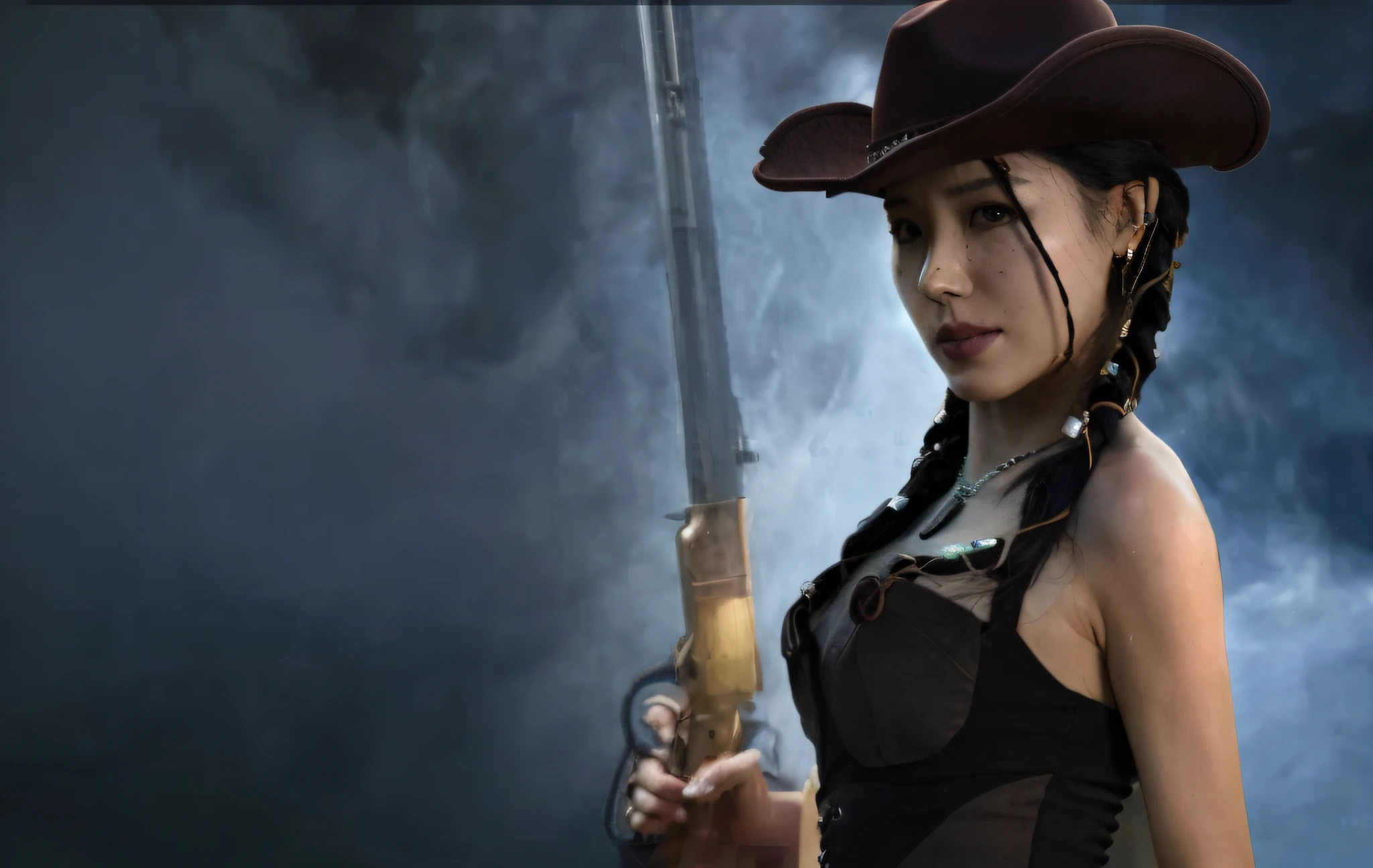 There was a woman in a cowboy hat with a gun, Post - Doomsday Cowgirl, Western gunners, cyberpunk wild west, western steampunk cyborg, Old West, Space West, the gunslinger, iu lee ji-eun as a super villain, Westworld style, tithi luadthong, Ashe, western cowgirl, beautiful cowboy witch, revcowgirl, the gunslinger, cyber western