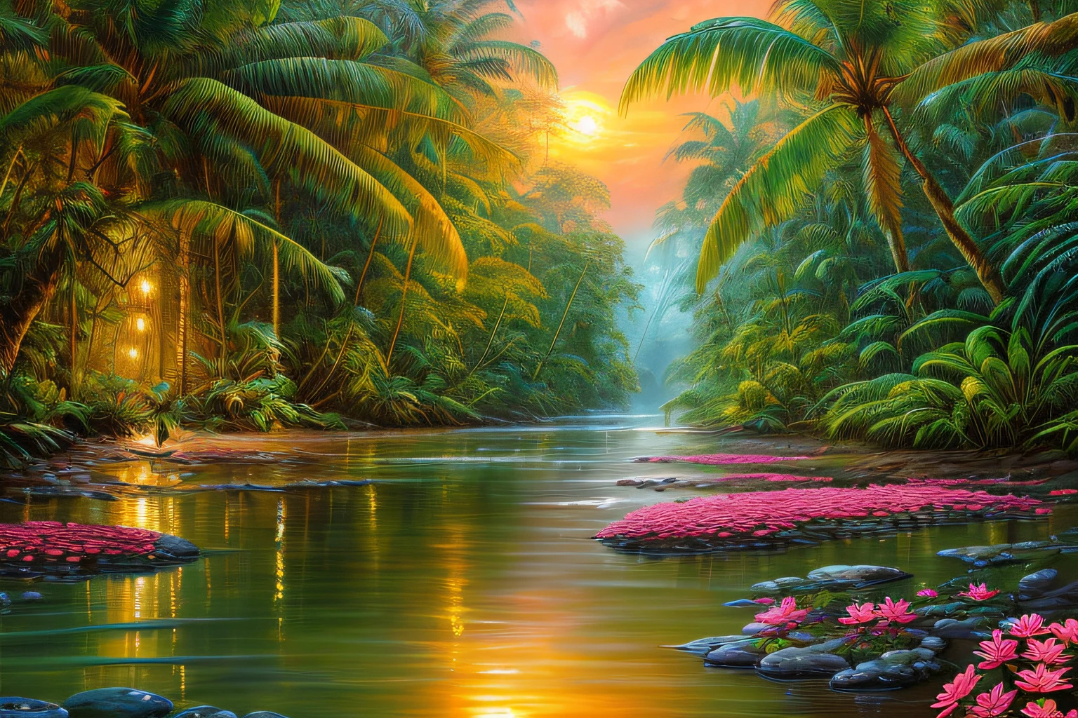 , Rainforest, eau,coucher du soleil,fleurs,(Highly detailed CG Unit 8k wallpaper), The most beautiful work of art in the world, Professional majestic oil painting, complexe, High detail, mise au point nette, dramatique, Art of photorealist painting,