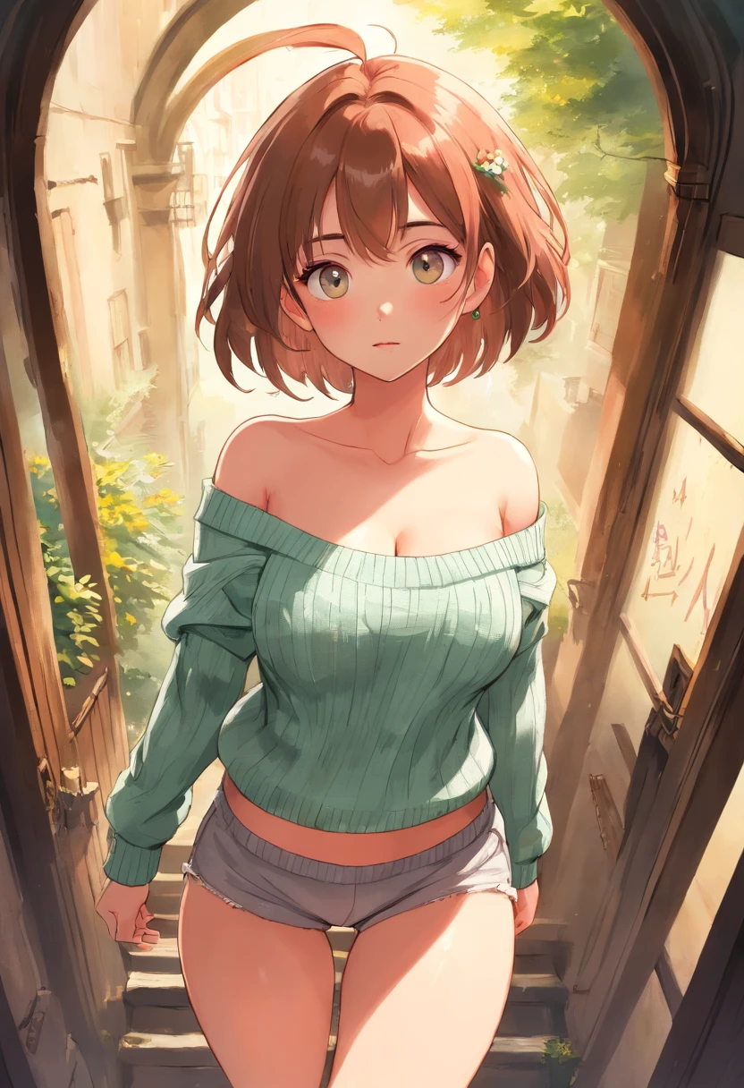 (), big boobs,(masterpiece), best quality, extremely detailed, (watercolor), bloom, delicate and beautiful, illustration, (from below),(1girl:1.4), (solo:1.2), large breasts, (ribbed sweater:1.3), off-shoulder sweater, (short shorts:1.2), bare shoulders, (underboob), ((dark skin:0.8)), beautiful eyes, (disheveled hair ), photography, over-the-shoulder shot, by Alex Maleev, professional, canon camera, nikon camera, sharp, bokeh, studio quality, fisheye lens, by Robert Capa ,