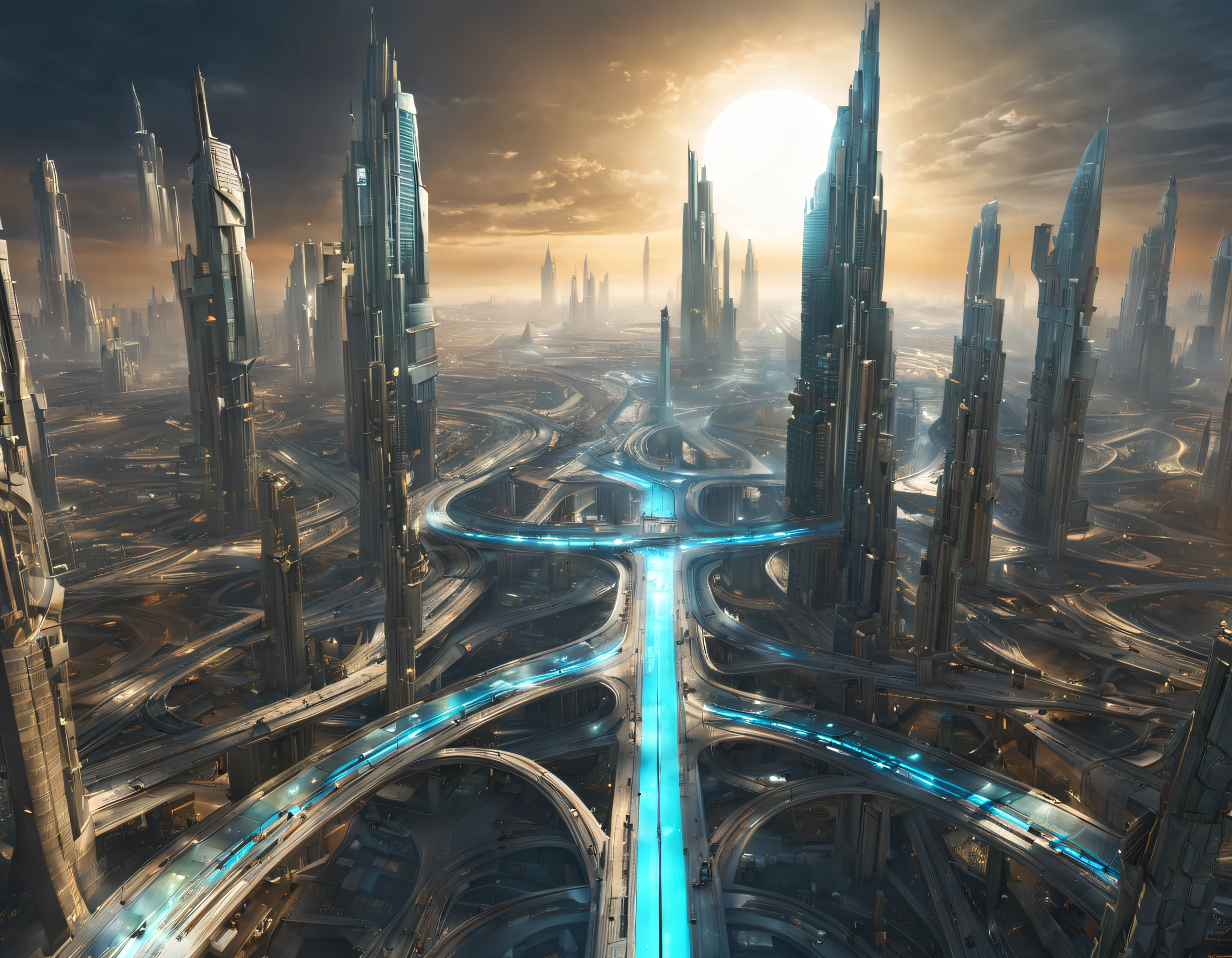 On an unknown planet lies a futuristic fantasy city with immense buildings of technological design that form an infinite avenue, con estructuras acristaladas en plata, oro y bronce espectaculares. con colores vivos. pavimento ensolado sin brillo. gente paseando. similar a un coruscant. imagen bien definida con muchos edificios juntos. estilo cyberpunk.