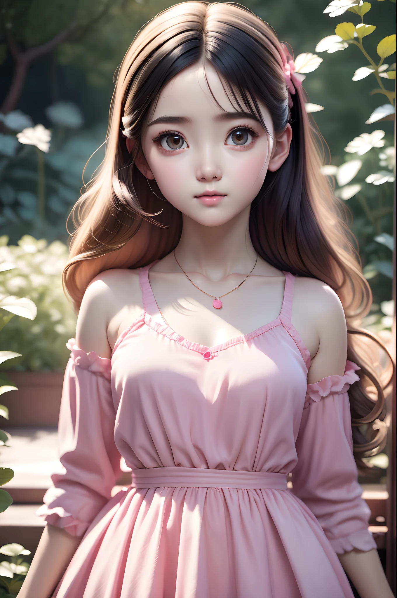 Cute girl,Pink dress,Innocent beauty,bubblegum pop,alice in the wonderland,Full body in camera,warm back lighting,Masterpiece, k hd, Detailed details,