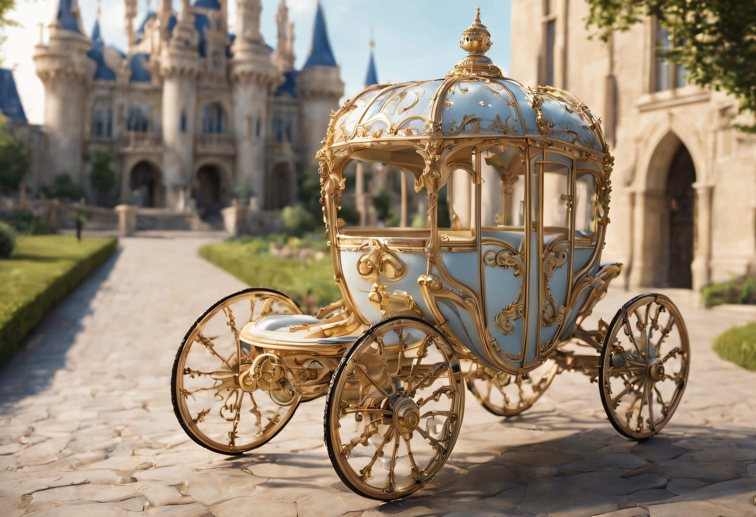 (best quality, 4k, 8k, high resolution, masterpiece: 1.2), ultra detailed, (realistic, photorealistic, photorealistic: 1.37),a close-up of a (Cinderella's Carriage: 1.3) with a palace in the background, high quality professional photography, an intricate and “very detailed” photo, a beautiful fairy tale photo, incredibly intricate and detailed