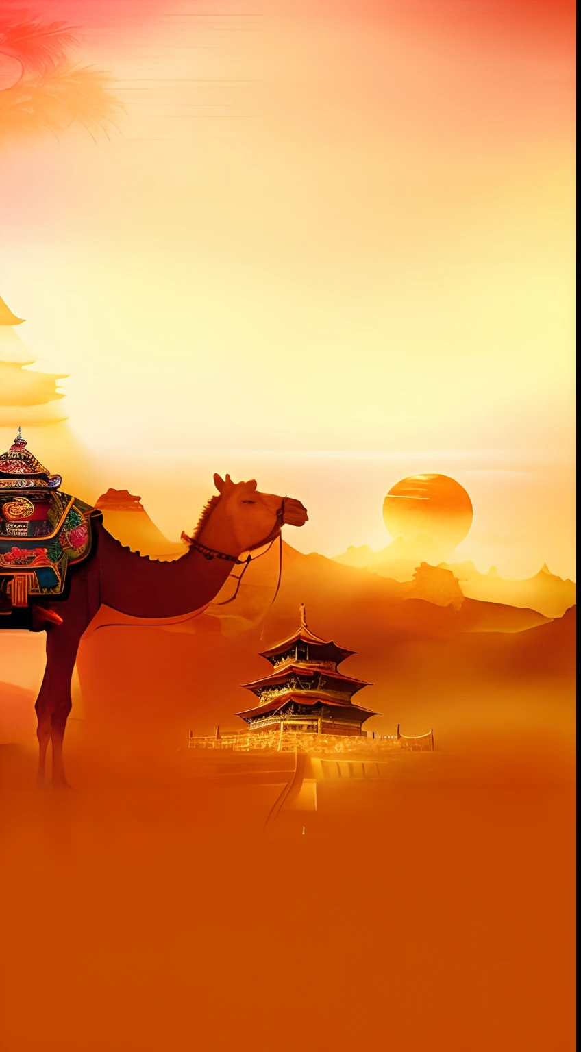 There was a camel with a saddle and a man riding it, film Silk Road landscape, dreamland of chinese, best on adobe stock, golden hour in beijing, beijing, Beautiful rendering of the Tang Dynasty, Temple background, Chinese fantasy, ancient china art style, Chinese watercolor style, vibrant tourism poster, Chinese tradition, Chinese landscape, golden mountain in the desert