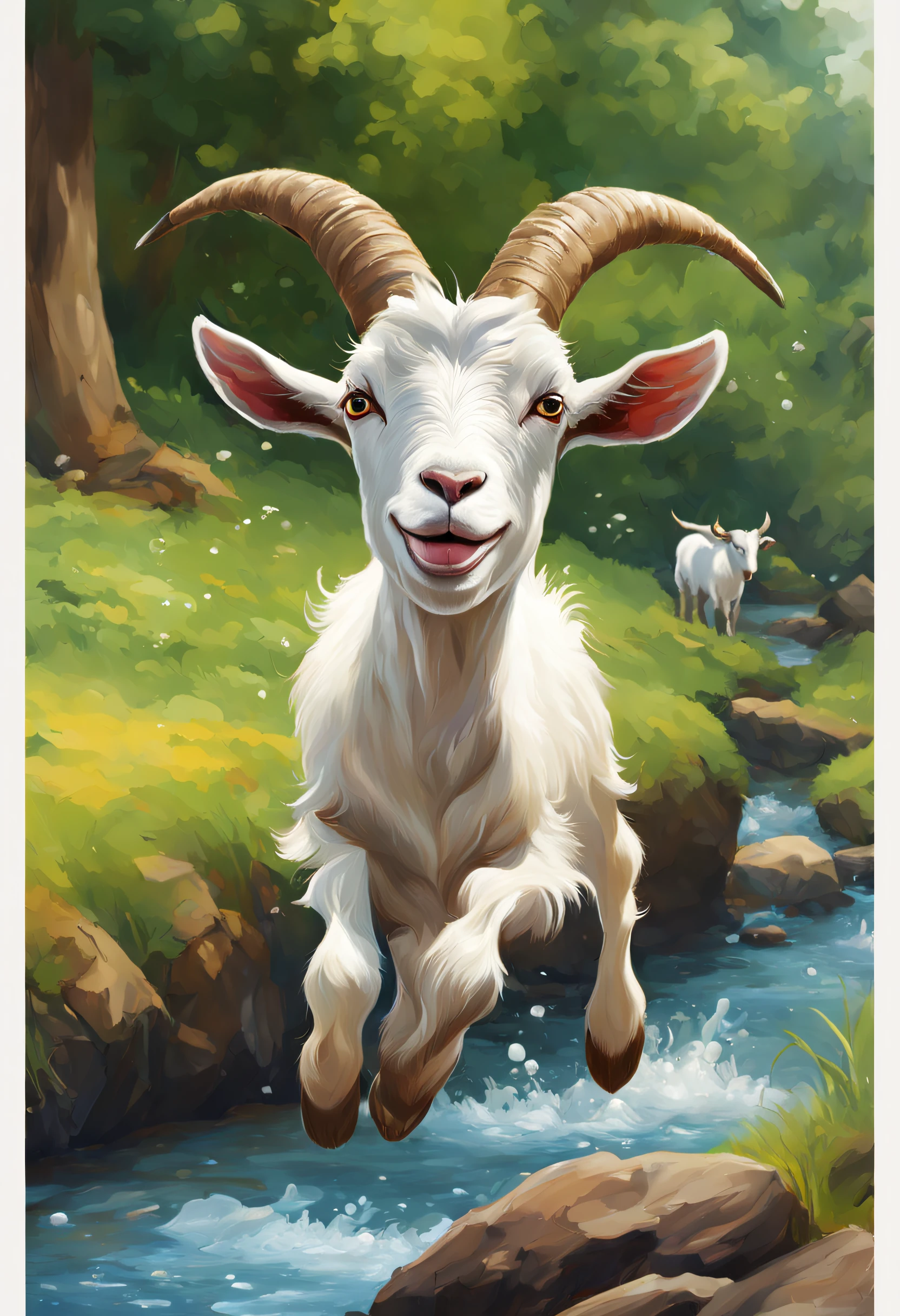 (Estilo Disney Pixar: 1.1), foto de corpo inteiro, Uma pintura de um goat, fofo, com um lindo sorriso, yellow scarf, um veado jovem Narayana Prabakala, The deer is jumping on top of the water, The goat is running on the bank of the brook, O goat e o veado tem uma cara de felicidade, Contra o pano de fundo de uma floresta de pinheiros, (goat correndo na margem, Goat jumping into stream water: 1.15), on the summer afternoon