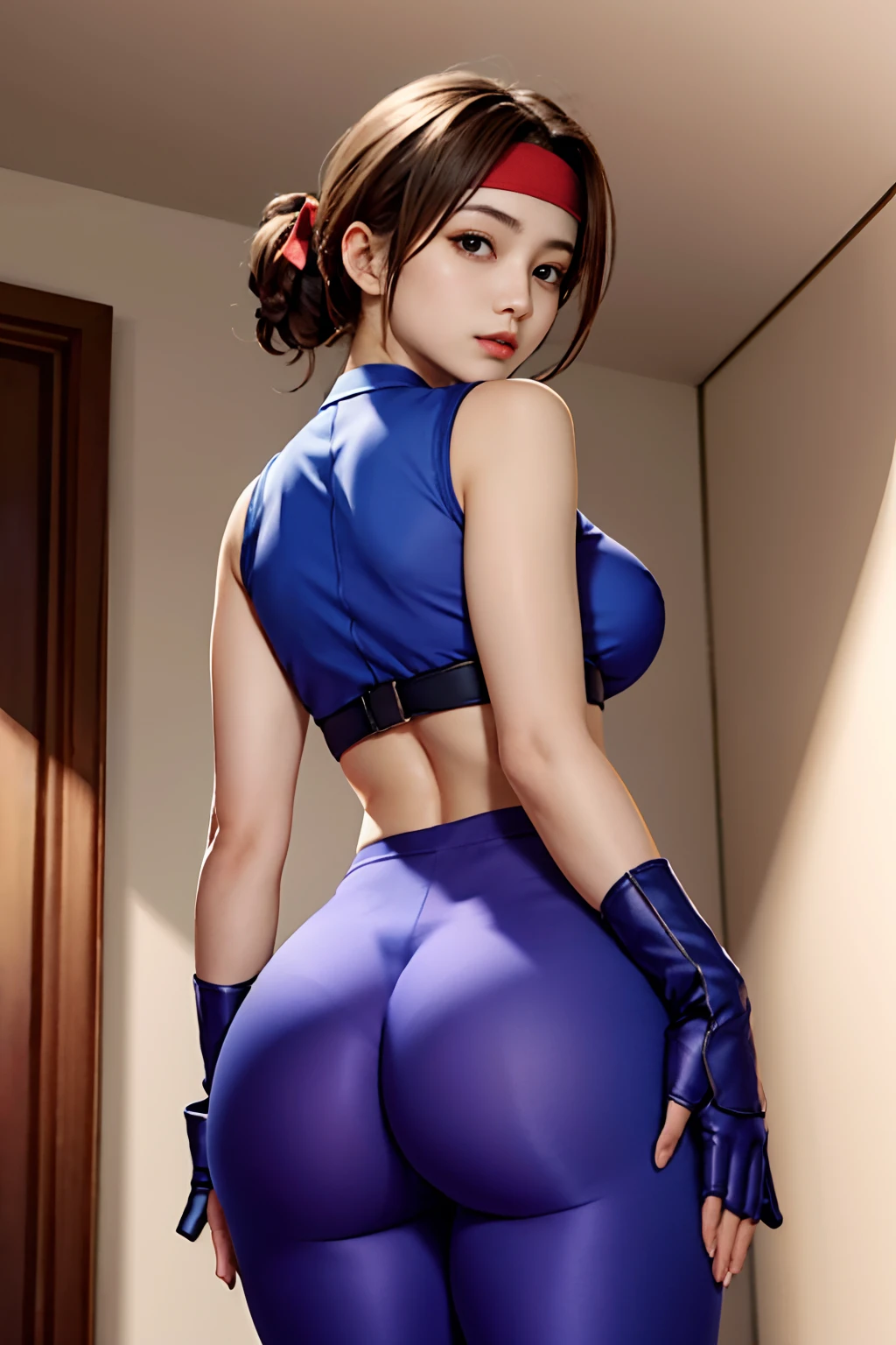 (masterpiece, best quality, high resolution, unity 8k wallpaper, extremely detailed CG:1), (illustration:1.0), 1girl,solo, yurims, headband, dougi, spandex, gloves,butt to camera, wide hips