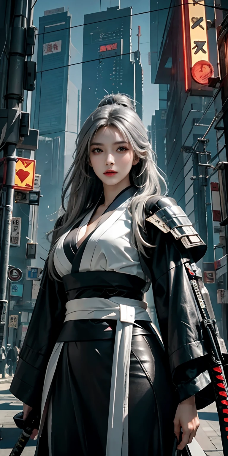 photorealistic, high resolution, soft light,1women, solo, hips up, (detailed face), grey long hair, cybersamurai, cyborg, cyberpunk,  cyber armor, holding weapon,glowing,on the street , kimono , sniper looking at the target, katana