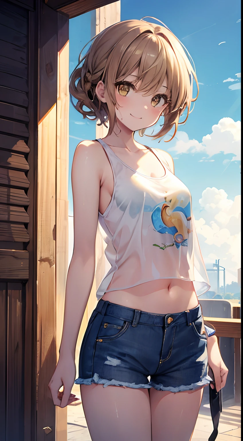 masterpiece, best quality, ultra-detailed, illustration, 1girl, ((looking at viewer)), (cowboy shot), smile, light brown hair, yellow eyes, hair between eyes, Wet Clothes and Hair, Transparent Tank Top , Navel, Short Pants, Looking at the Sky, Bright Colorful Paintings