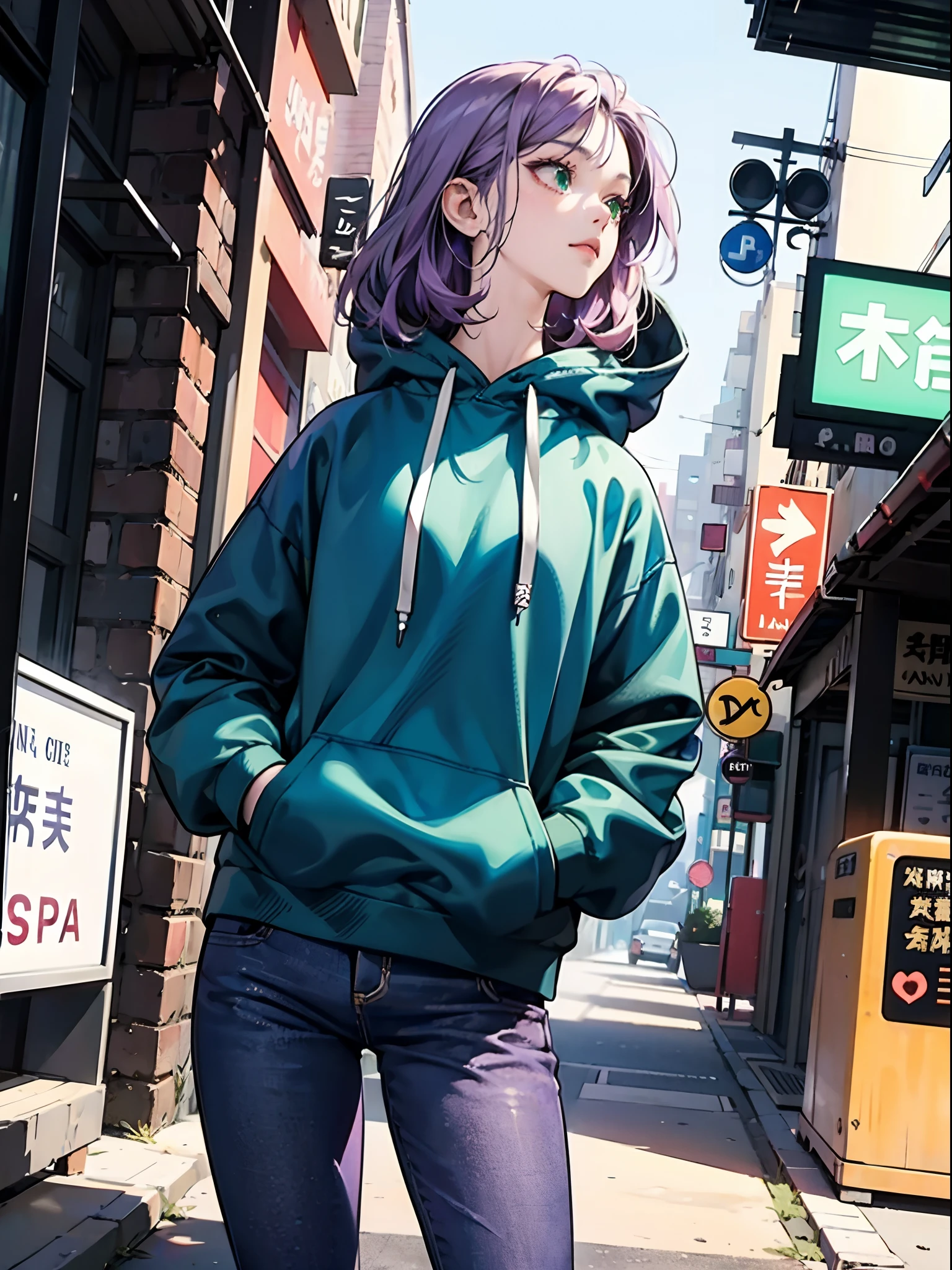 anime illustrated,purple color hair,Green eyes,wearing hoodies,Blue Pants,Neon Street,portlate,Write