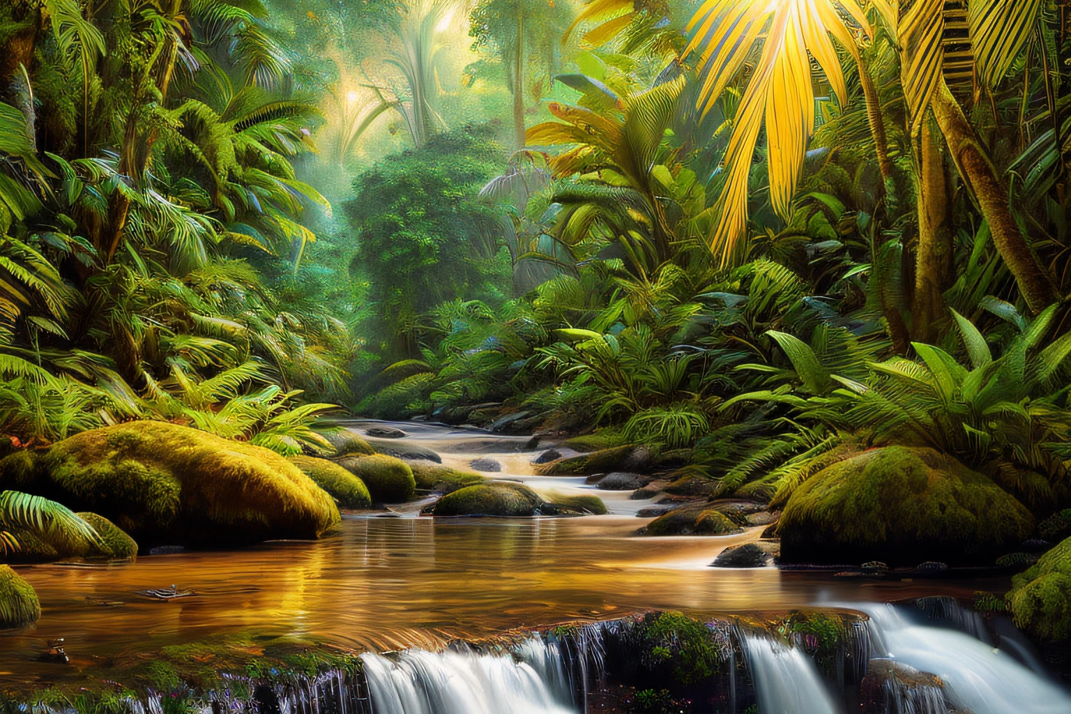 , Rainforest, eau,coucher du soleil,fleurs,(Highly detailed CG Unit 8k wallpaper), The most beautiful work of art in the world, Professional majestic oil painting, complexe, High detail, mise au point nette, dramatique, Art of photorealist painting,