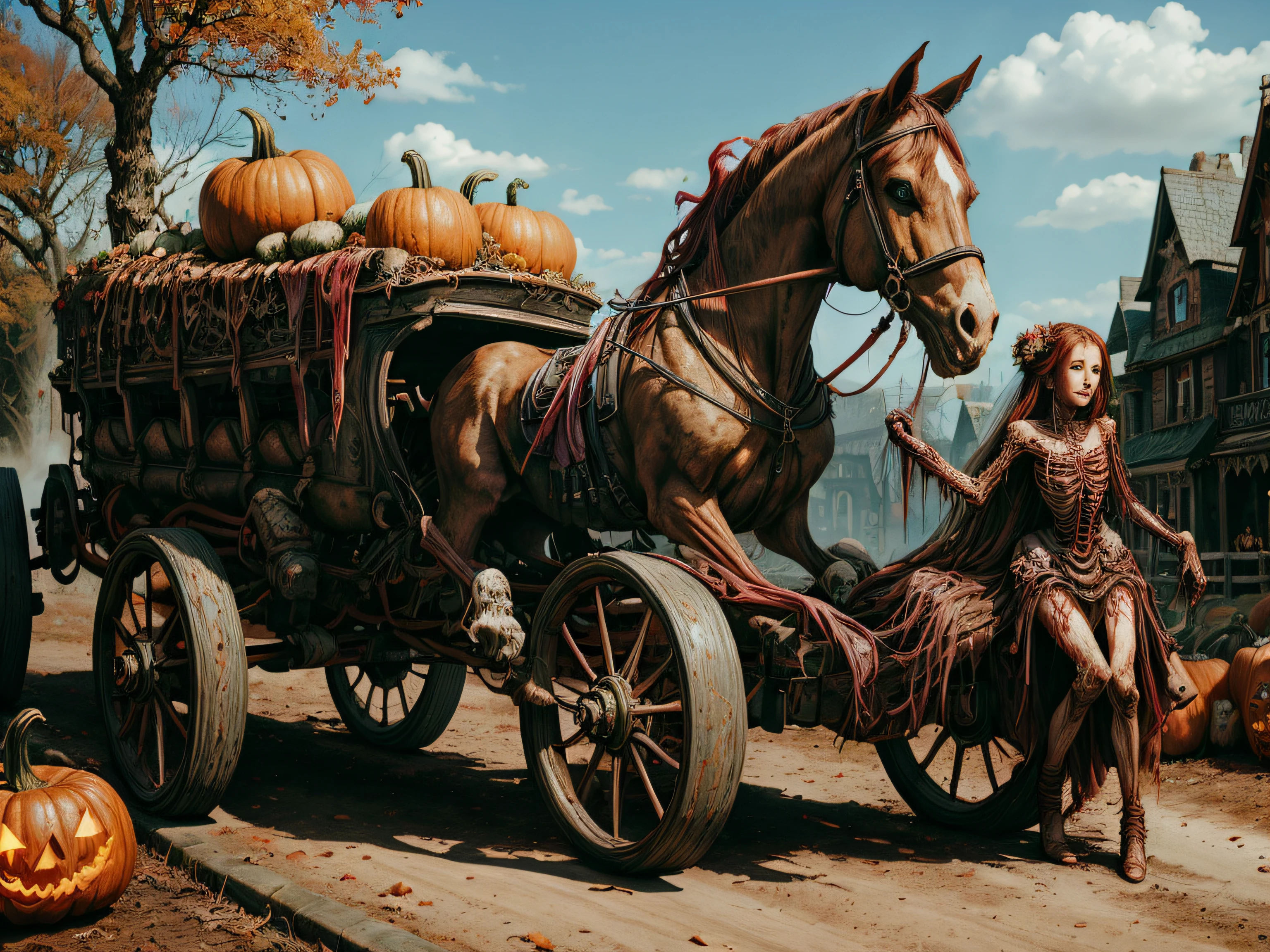 RAW Photo of worldofundead a horse-drawn carriage transporting a pumpkin to a wedding ceremony, skeletal, rotten flesh, rotting, blood, gore (Masterpiece:1.3) (best quality:1.2) (high quality:1.1), Establishing shot,art style,photographed on a Hasselblad 907X 50C,complementary colors,32k resolution,incredibly detailed,16k resolution,bloom,golden ratio,cinematic