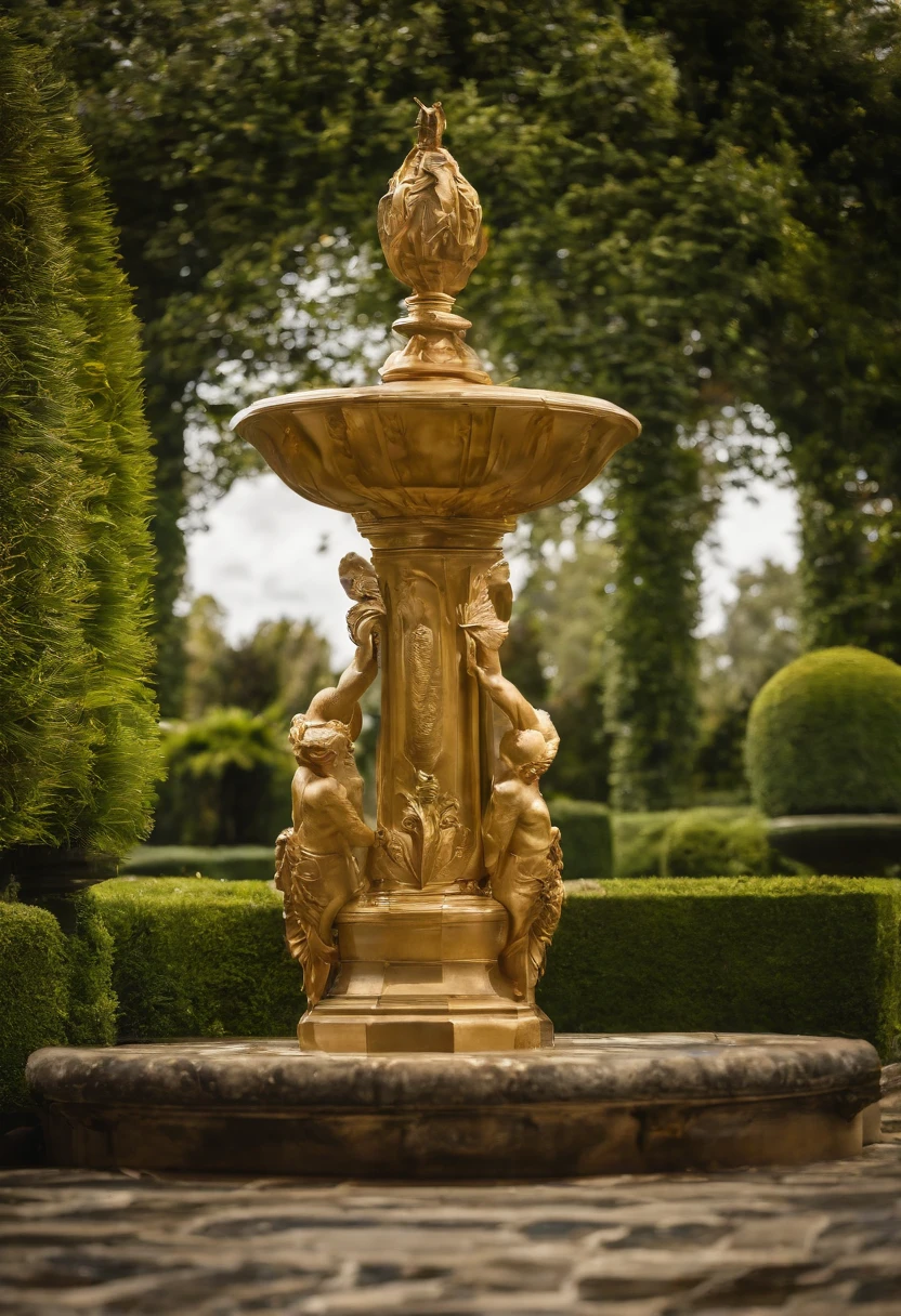 (Beaulieu gold sculpture),Fountain landscaping,(exquisite craft),,Natural sunlight,Shining Effect