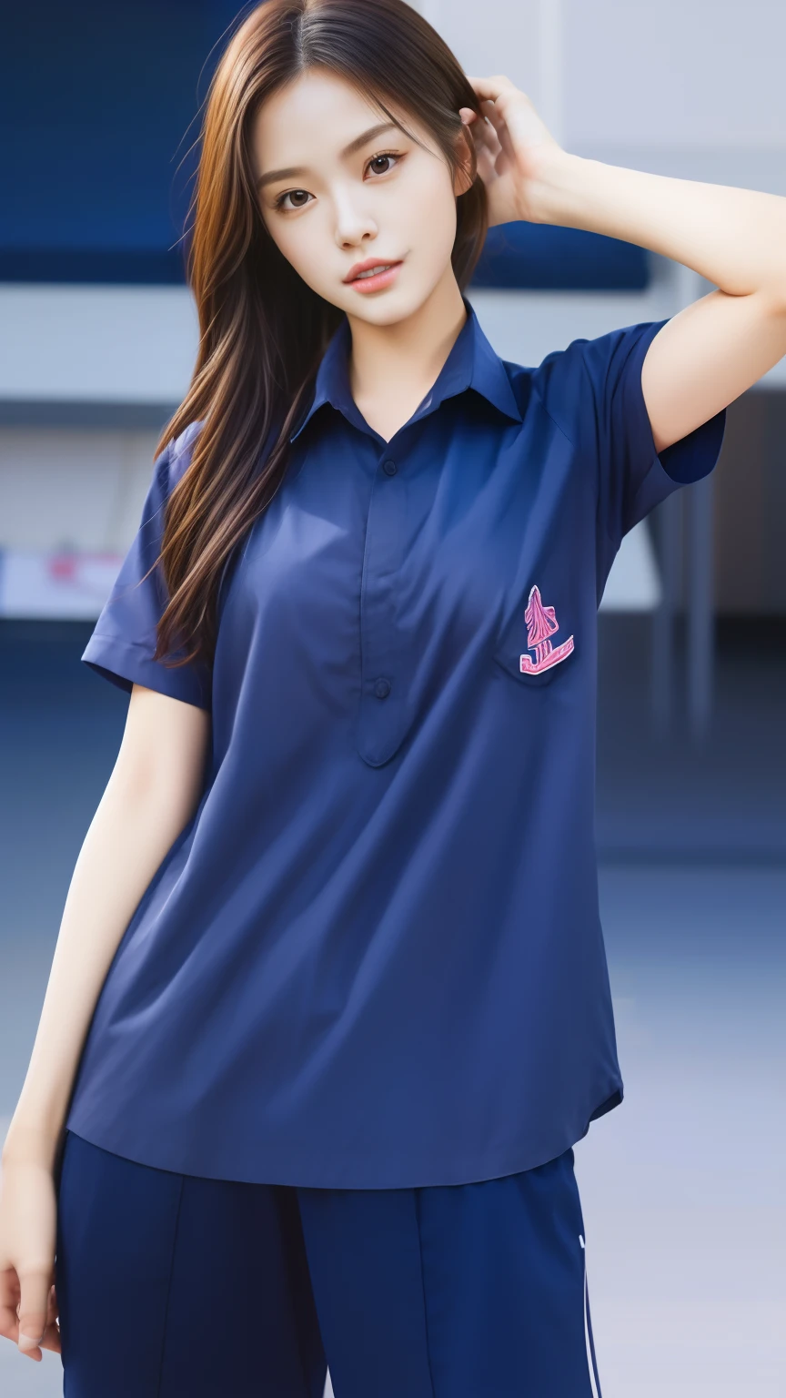 (bestquality,10,10,highres,masterpiece:1.2),ultra-detail,(Realistic,photorealistic portrait,photo-realistic:1.37),1 Cute girl in the football field,oily shiny skin,bara,light smile,BDclothes,((blue shirt:1.3)),short sleeves,shirt, trousers.,(navy_long_Pants Track:1.1), ((Stadium Background:1.3)),dynamic angle,excited,face focus,Dynamic Poses,from behide,Ass Focus,masterpiece, bestquality, ultra realistic, hyper-detail, 8k resolution, RAW photo, crisp focus, ((Navy blue shirt:1.1)), short sleeves, Long Path, Perfect body, 2 mature women, 18yo, cinematic light,Blue sweatpants,Gymware,Correct anatomy,Complete body, Correct body, sharp face, Anatomically correct body, full entire body, Realistic gestures, long-haired, Realistic poses,Wear long shorts...,Long leg span,Shapely,Sculpting Girl, 2 girls standing side by side, mannequin mannequins, Slender Figure, Shapely, Beautiful body, long-haired, Let me go.!