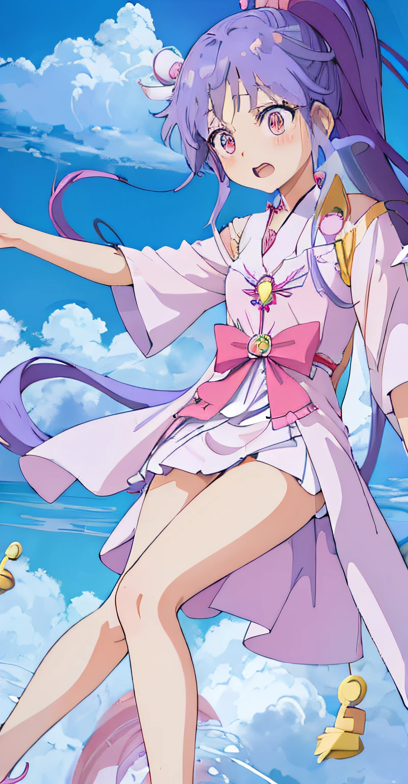 Anime girl in pink dress with black silk flying in the air, the wallpaper!, flowing magical robe, offcial art, Anime goddess, Official artwork, anime moe art style, sky witch, Kushatt Krenz Key Art Women, high detailed official artwork, Splash art anime Loli, Loli, magical girl anime mahou shojo, maya fey from ace attorney