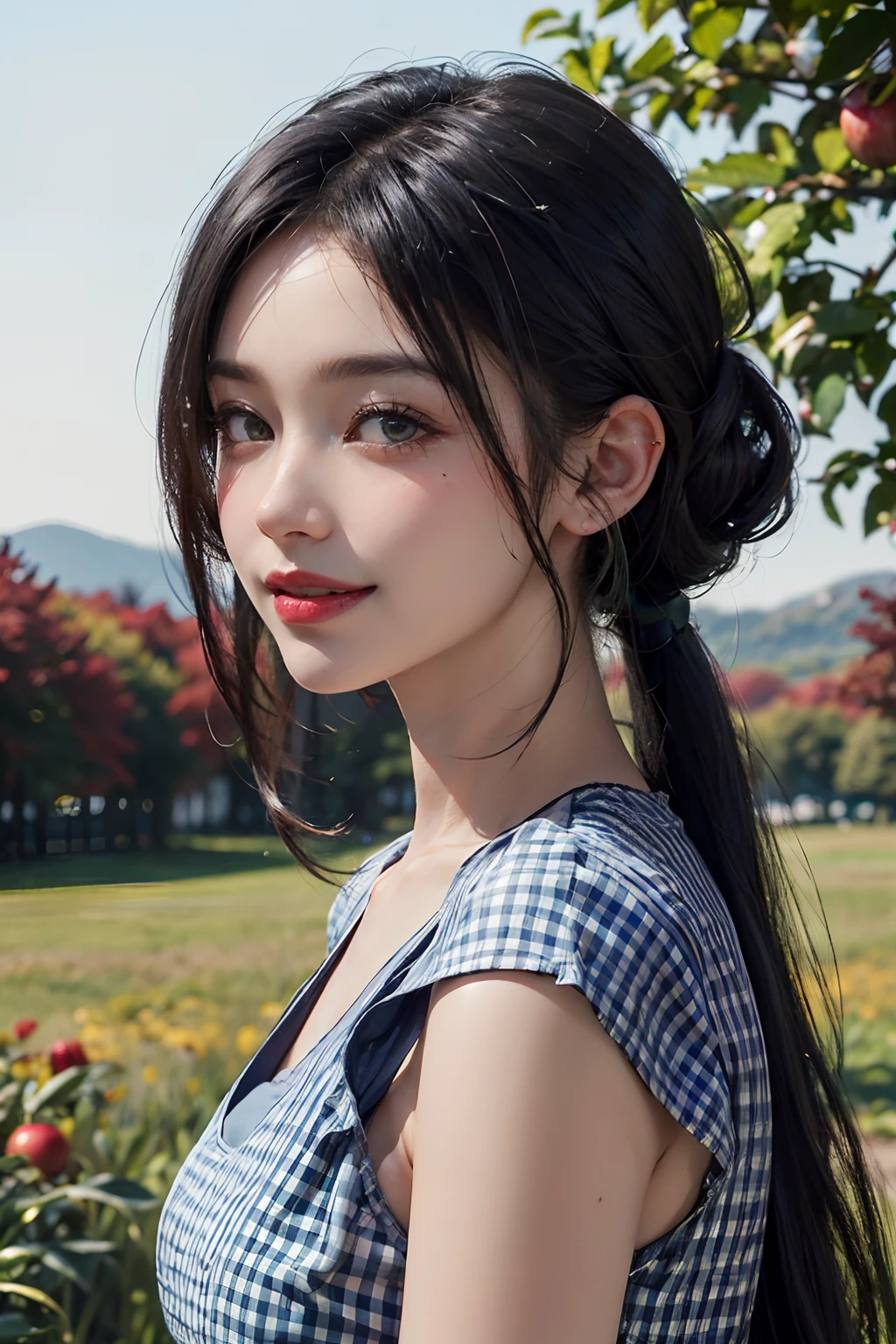 a 20 yo woman、Black blue Hair、poneyTail、Big smile、Blue gingham check dress、full bodyesbian、(hi-top fade:1.3)、dark themed、Muted Tones、Subdued Color、highly contrast、Green meadow background、Have autumn fruits、apple、(natural skin textures、Hyper-Realism、Soft light、sharp)