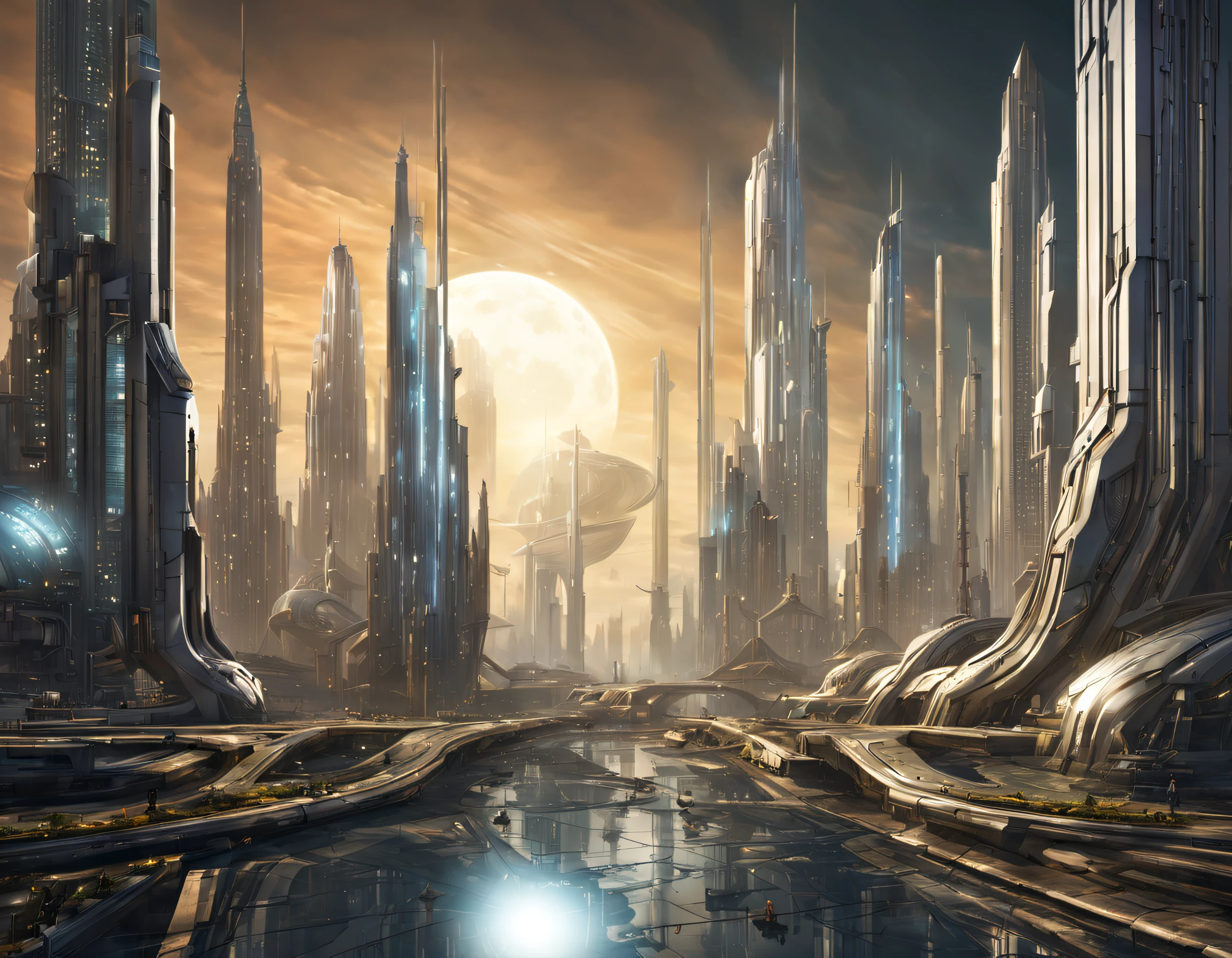 On an unknown planet lies a futuristic fantasy city with immense buildings of technological design that form an infinite avenue, con estructuras acristaladas en plata, oro y bronce espectaculares. con colores vivos. pavimento ensolado sin brillo. gente paseando. similar a un coruscant. imagen bien definida con muchos edificios juntos. estilo cyberpunk.