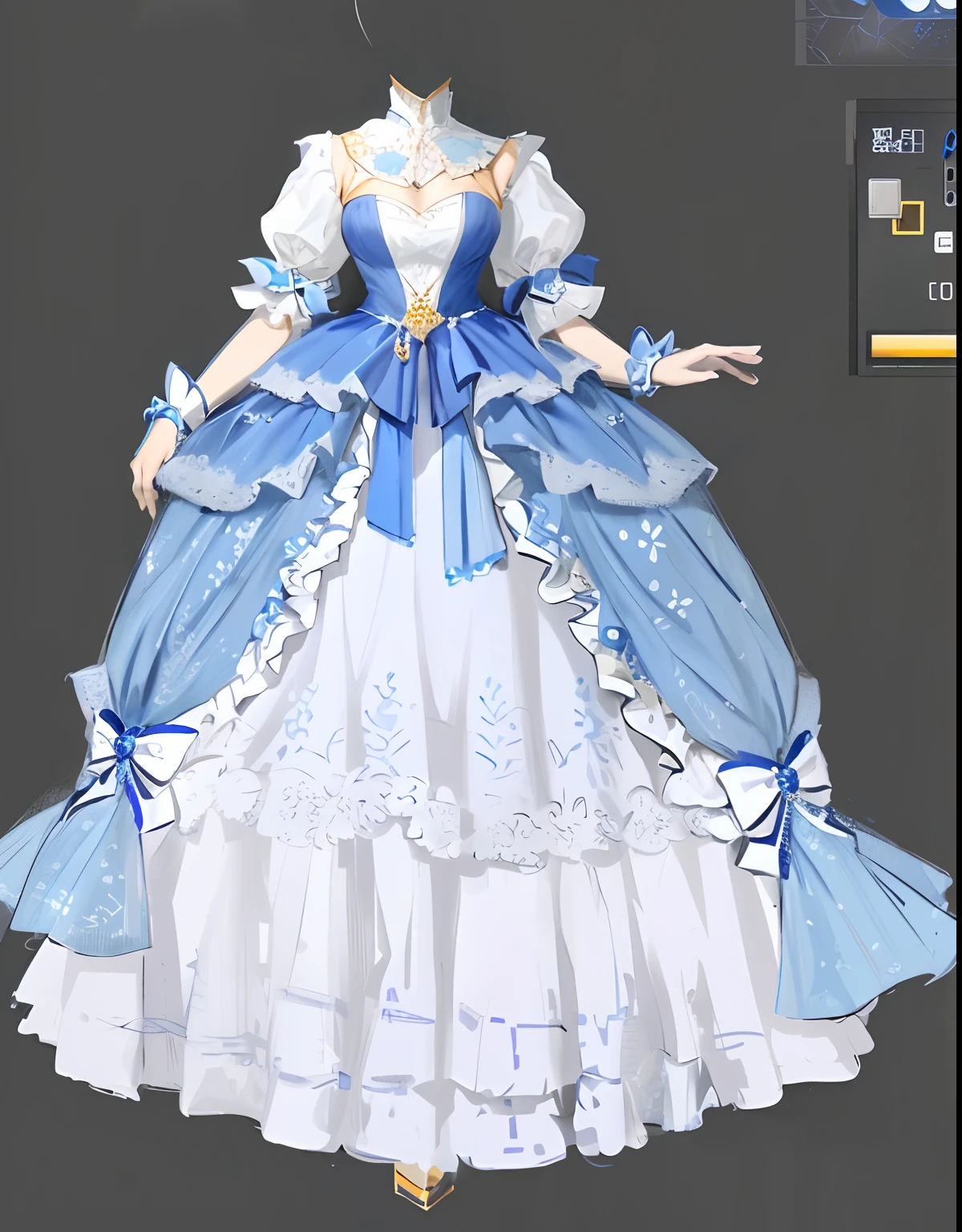 Close-up of dress with blue and white dress, Costume with blue accents, very detailed and rich clothing, Robe. extremly high detail, clothing design, royal robe, clear outfit design, expensive voluminous dress, multilayered outfit, costume desig, lunar themed attire, offcial dress, dreamy dress, fantasyoutfit, full body detailing
