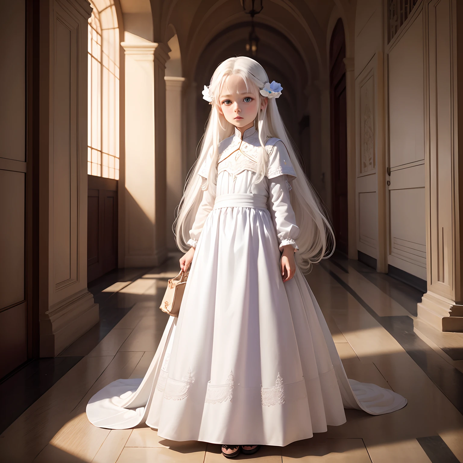 Background is the garden, a beautiful girl name is May, 8-year-old girl with blue eyes, long white hair, wearing a white tunic, On the waist there is a small bag, Queuing up with other kids, smilling face, angled from behind, Standing beside the large rock