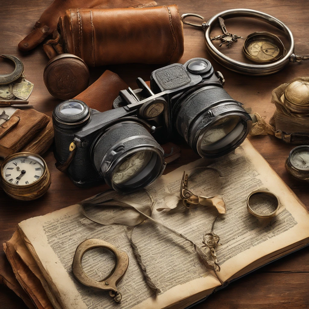 ( A high resolution, Ultra detailed), (Detective's props), detective，Vintage glasses , Old pocket watches，Vintage hats，Vintage magnifying glass，Vintage books，press photography, documentary photography, Visual storytelling, capturing moments, historical records, social commentary, Powerful images break with surrealism, Photorealistic detail, Incredible accuracy, lifelike textures, masterful technique, Jaw-dropping precision, handcuff，binoculars，Old cameras