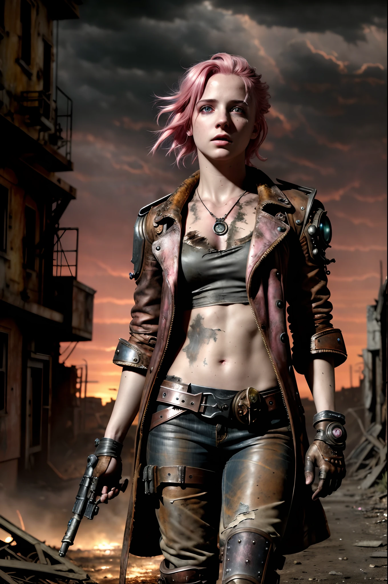 masterpiece, ultra detailed, 8K, Raw photo, Realistic light, Cinematic composition, skyscape with clouds, full colours nightfall, depth of field, 35 mm, postapocalyptic aura, steampunk aesthetic, 18 years old cute woman, on the ruined street, (torn dirty steampunk clothing), cute sexy, depth of field, (Focus: 1.2), dark atmosphere, in dinamic movement, cinematic lighting, detailed face and skin texture, fine eyes, pink hair colour, action movie style, vivid colours