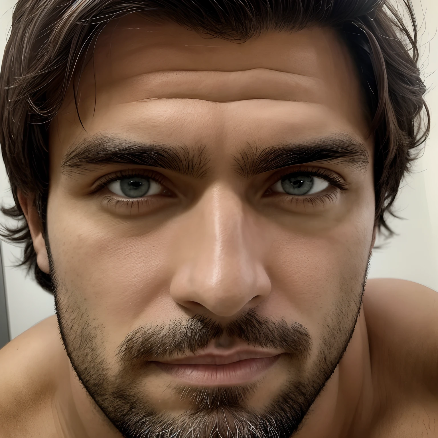 Selfie de um homem de 32 anos, branco, forte, e olhos castanhos