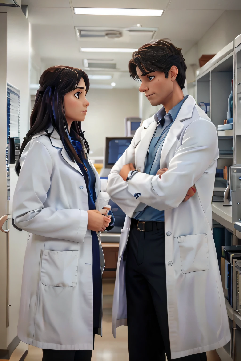 2 scientists in white coats staring at a monitor