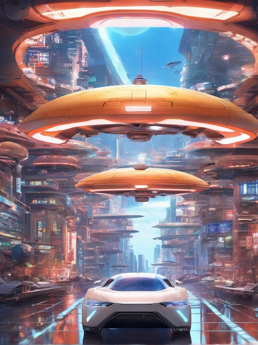 mirai，sci-fy，droid，flying cars，Floating restaurant