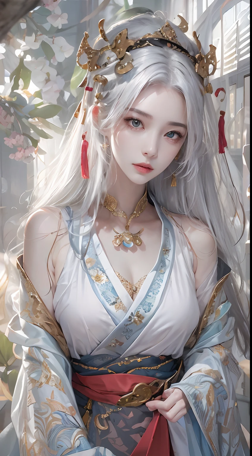 photorealistic, high resolution, 1women, solo, hips up, look at viewer, (detailed face), white hair, long hair, Taoist robe,oversized clothes, jewelry