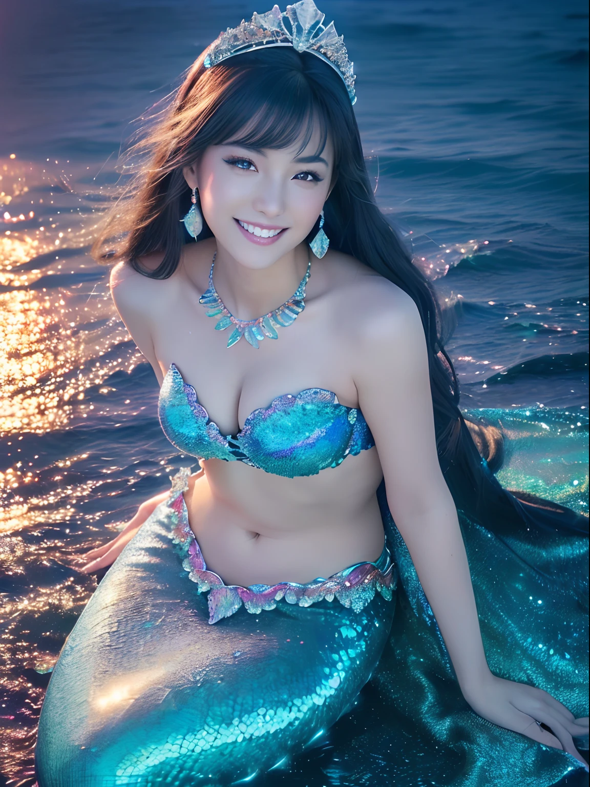 ((Photorealistic Little Mermaid,slender and large breasts,Japan with black hair,A big smile staring at the camera,Shot close to the face,Beautiful age girl)),((Sitting on land,Very fine detail,Her whole body is shown.,You can also see her tail)),(((nigh sky,Full Night,Purple, blue and red comets in the sky,Colorful comet,the ocean at night,starrysky,Shining starry sky,Fantastic starry sky,shining sky,,Best Starry Sky,Meteor swarm,shooting stars,)),(((The huge, intricate and sparkling necklaces,The most massive and intricate glowing tiara covering the head,Mermaid tail,Iridescent scales,Gradients on the most beautiful scales,mermaids,Fine-grained scale,Realistic scale,Complex scales,Scales that reflect light,Smooth shining scales,Very finely drawn scales,Detailed scale,Rainbow glowing scales))),((Princess Costume,Bra with plenty of high-quality jewelry,intricate bra,Complex necklaces,Big necklace,The whole body is decorated with fine jewelry,Iridescent decoration)),((Fantastic sea,The sea sparkles like a jewel,Detailed sea, Fine shine,Glittering Sea,Glittering background,Sparkling water surface)),((extremely realistic face,intricate face,Beautiful expression,Smiling face at the camera)),(Detailed ocean depiction,The most realistic and complex backgrounds,the complex background,Highly detailed and realistic backgrounds,))Top image quality,8K,SLR Camera Photography,professional photograpy,Realistic quality