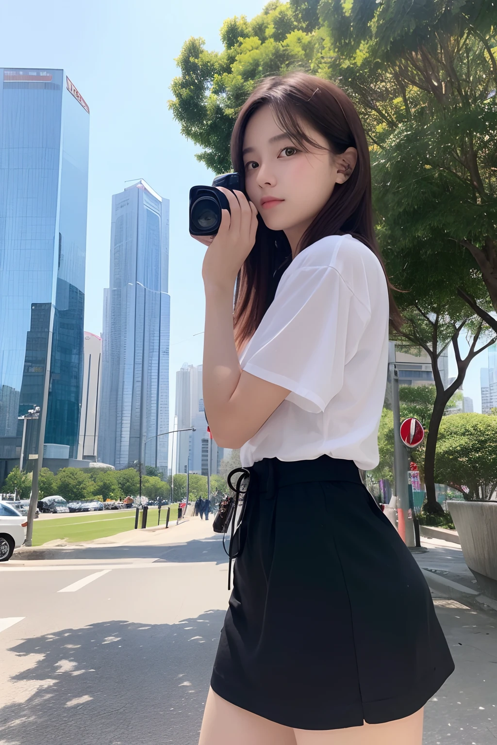20-year-old girl, Hold the camera in both hands, Face the lens, High-rise buildings in the background.