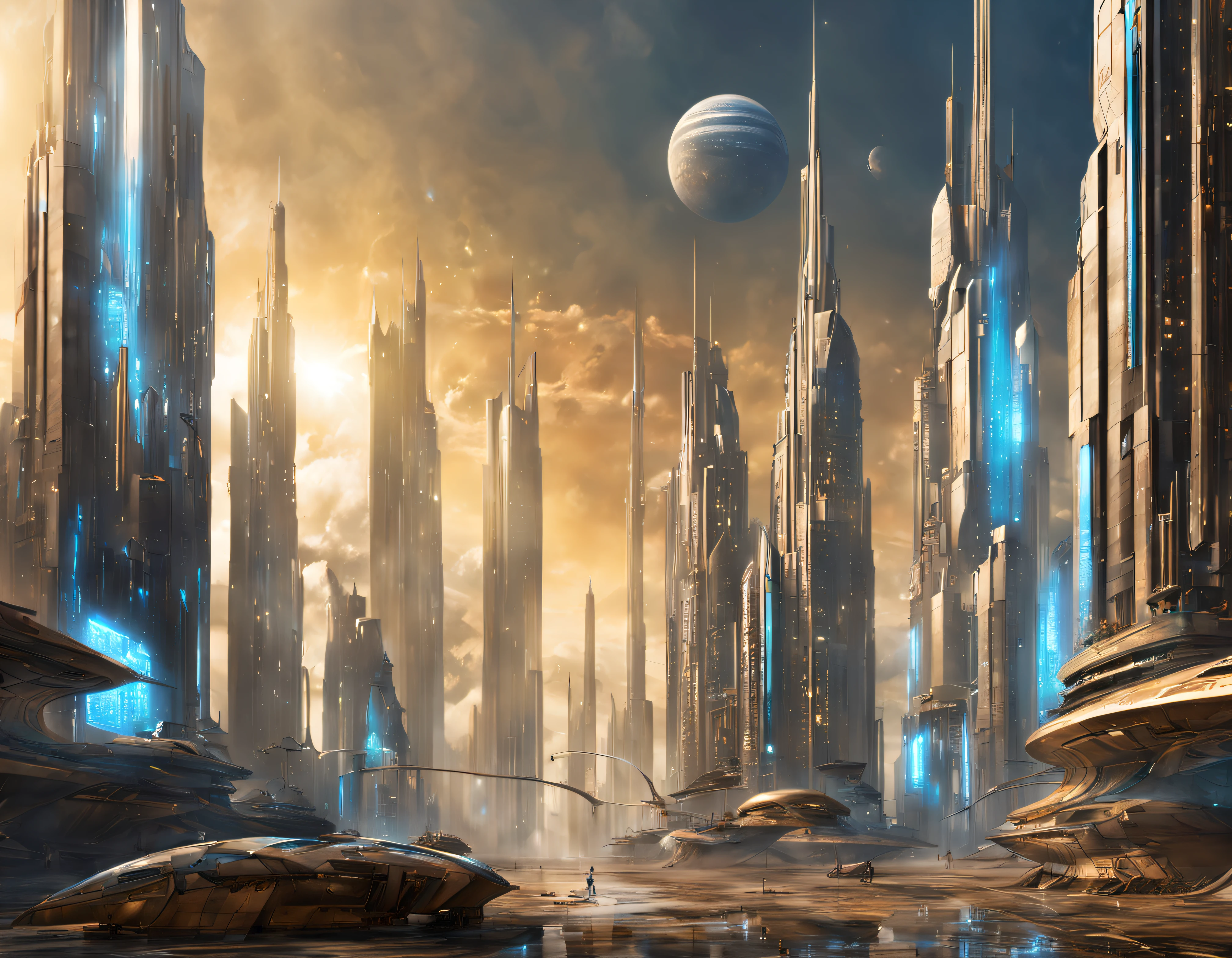 On an unknown planet lies a futuristic fantasy city with immense buildings of technological design that form an infinite avenue, con estructuras acristaladas en plata, oro y bronce espectaculares. con colores vivos. pavimento ensolado sin brillo. gente paseando. similar a un coruscant. imagen bien definida con muchos edificios juntos. estilo cyberpunk.
