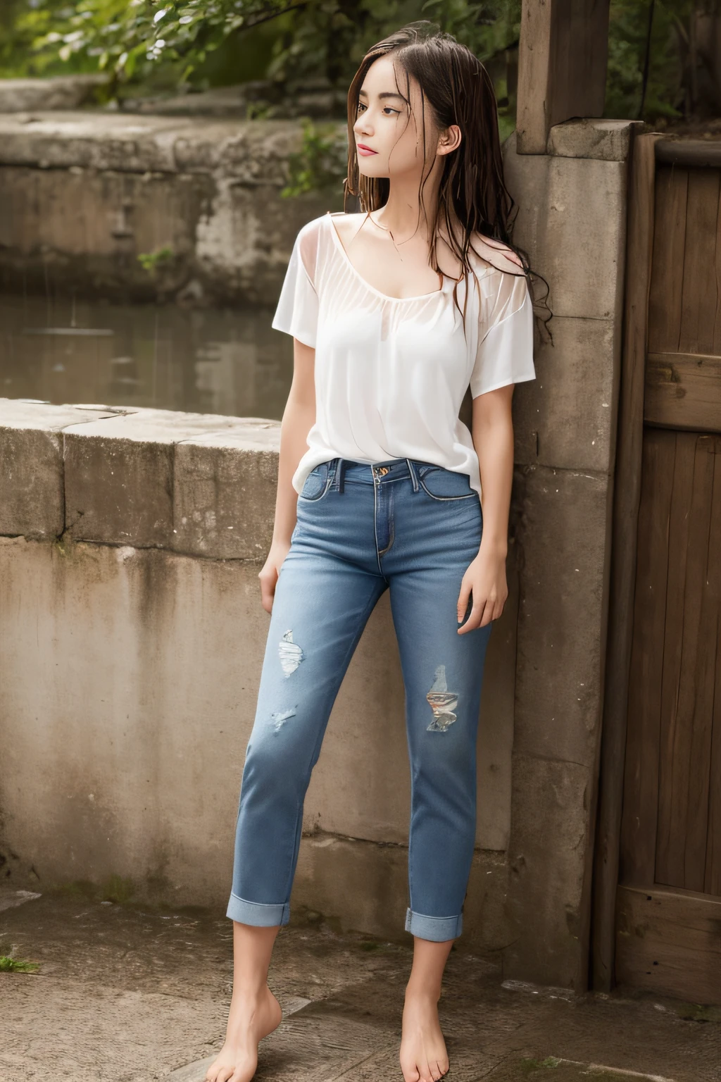 best image quality, masterpiece, very high resolution, (fidelity: 1.4), Realistic Face, Clear face, photo, 1 girl, transparent shirt, torn jeans, bare feet, dark, darkness, despair, pity, poor, movie, tears, tears, (torn clothes: 1.5), (wet clothes: 1.8), bare shoulders, real rain, wet hair,..ssmile