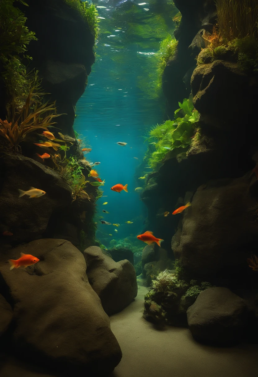 There is a fish tank,There are a variety of fish inside, fish tank, Aquarium life, Aquarium, Dry aquarium, big aquarium, lamp lights ( ( ( fish tank ) ) ) ), aquatic creature, Beautiful environment, scenic full shot, fish swimming around, masterpieceunderwater scene, small fish swimming around, Iwakou aquarium landscape, fishes swimming, beautiful low light