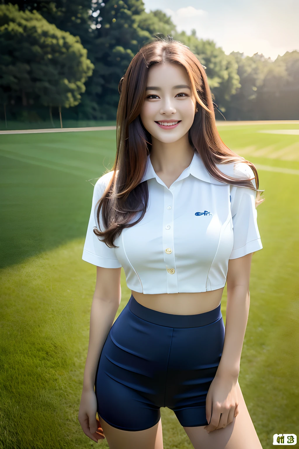 1girl in,(Full body,very large breast, Short sleeve polo shirt, Mini Pleated Skirt、Long swaying golden hair up to the buttocks、Japan beauties、big eye、long lashes、Smile and wave、Dark blue high socks、White sneakers、Downtown Japan、Half Beauty、((Golden hair))、Angle from above、stares at the camera